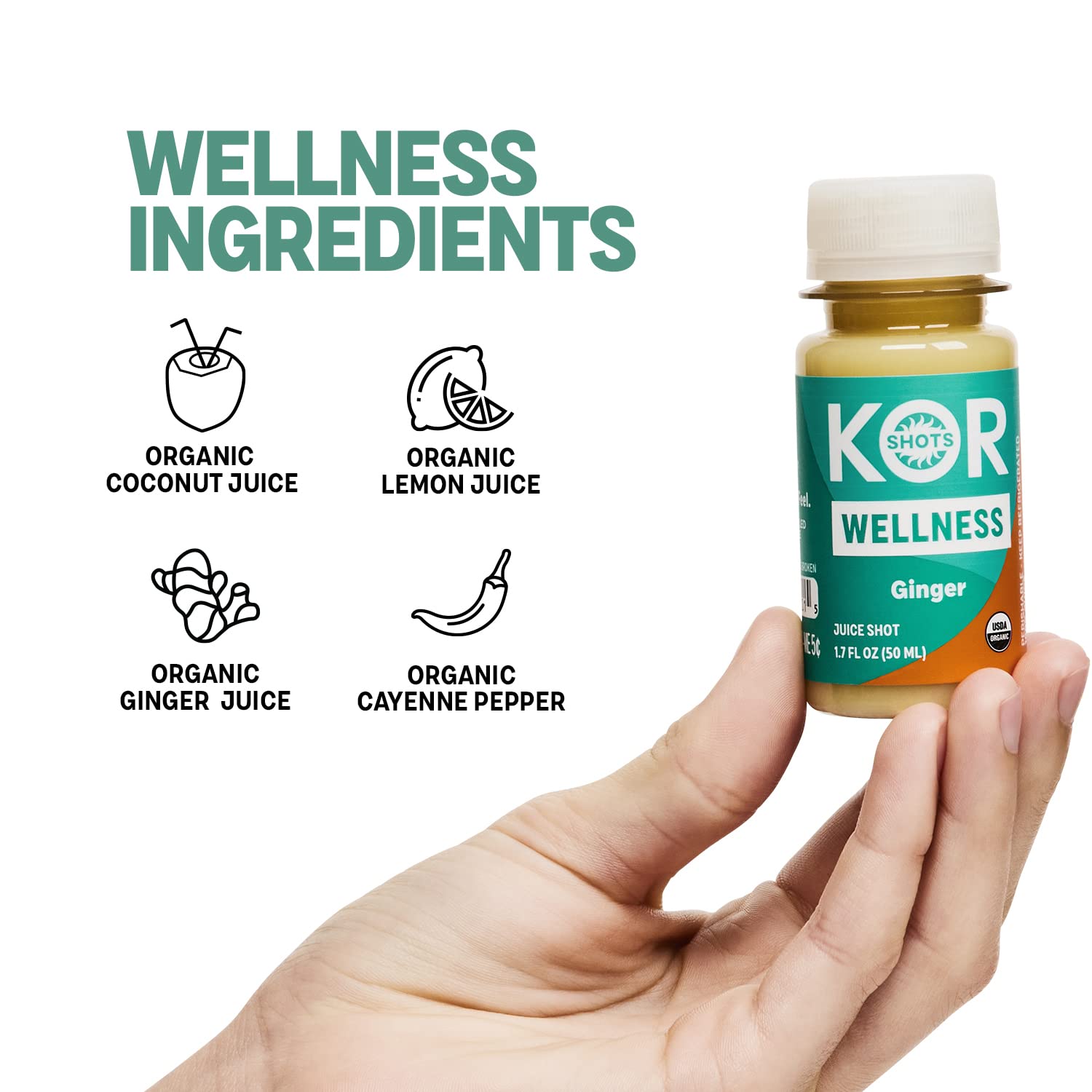 KOR Shots Ginger Shot - 24 Pack x 1.7 Fl Oz - Organic Wellness Shot with Freshly Pressed Ginger & Cayenne - Natural Energy Booster - USDA Certified - Perfect for Morning Routine, Workout Recovery & Immune Support
