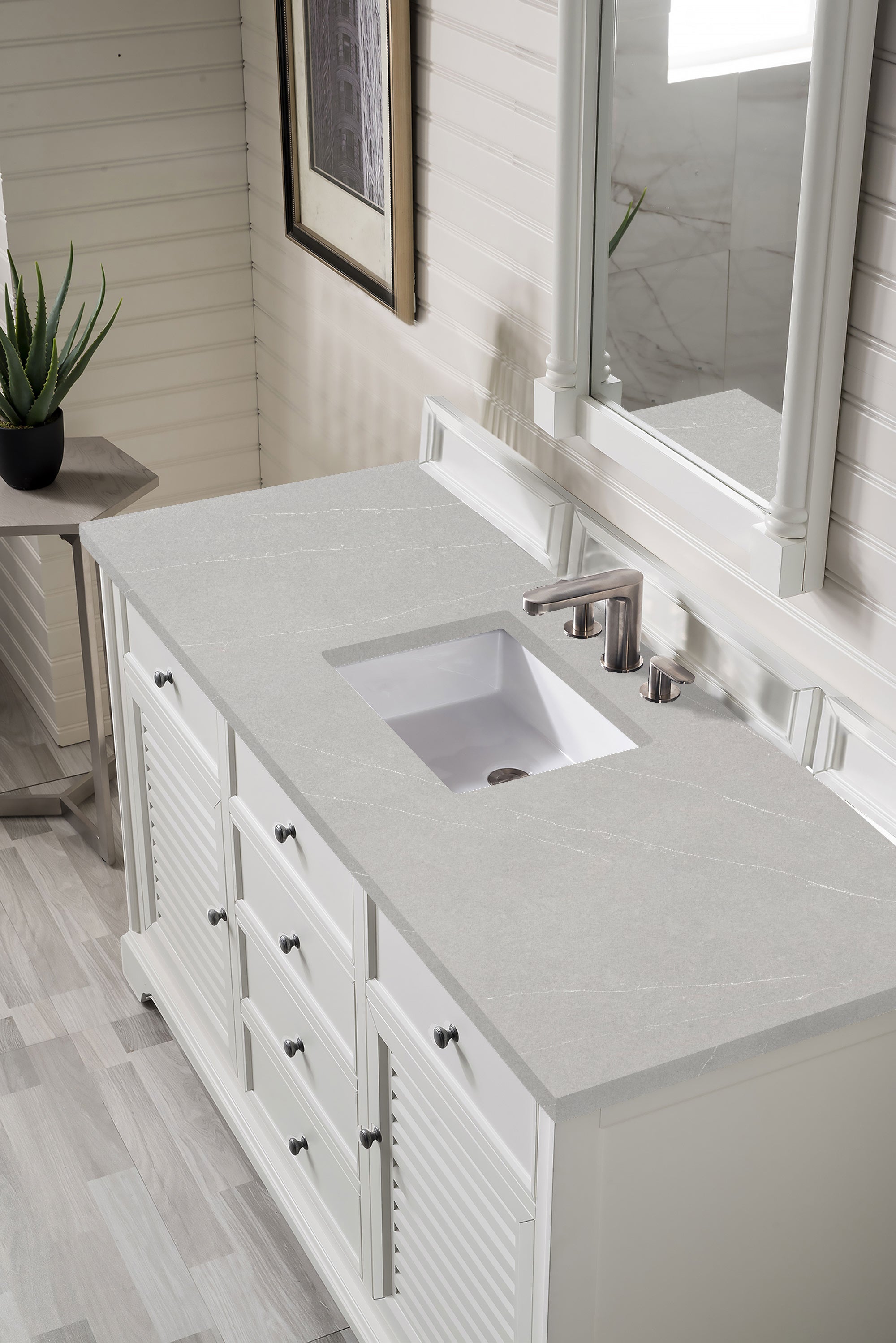 Savannah 60 Inch Single Bathroom Vanity Cabinet in Bright White with 3CM Eternal Serena Quartz Countertop - Perfect for Modern Master Bathrooms & Guest Bathroom Remodels