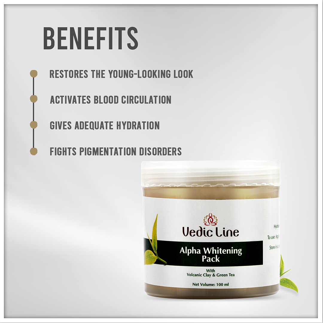 Vedic Line Alpha Brightening Pack - Volcanic Clay & Green Tea Extract Face Mask for Clear Skin, Reduces Spots & Acne (100ml, 1 Count) | Perfect for Daily Skincare Routine & Acne Treatment