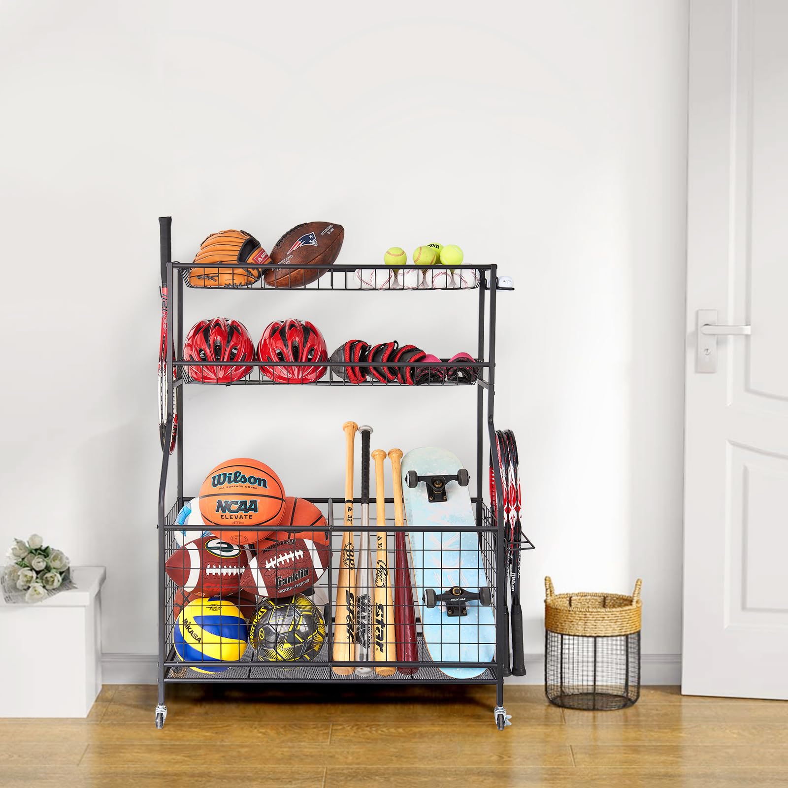 TNINE Sports Equipment Storage Cart - Rolling Garage Organizer for Basketballs, Baseball Bats, Footballs & Tennis Rackets | Indoor & Outdoor Toy Organizer with Wheels | Perfect for Garage, Playroom & Backyard Sports Gear Storage