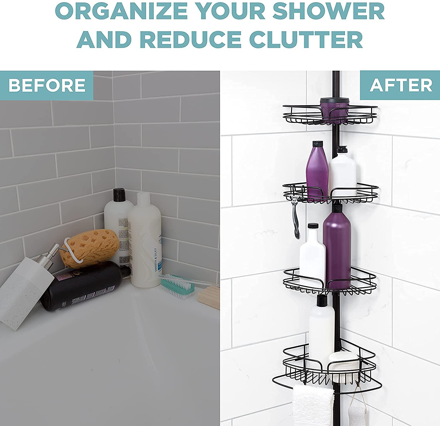 **Bronze Shower Caddy Organizer with 4 Storage Baskets, Hooks, Razor Holder & Washcloth Bar – Space-Saving Tension Pole Corner Shelf for Bathroom, Shower & Bathtub Storage**