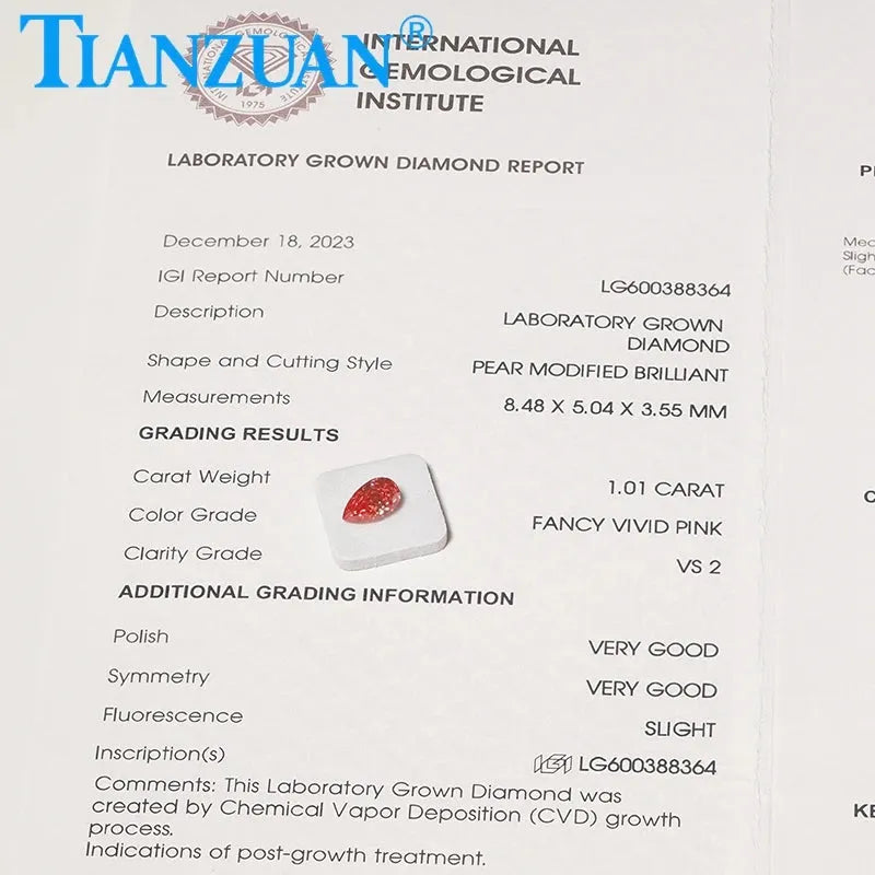 1CT Pear-Shaped Lab-Grown CVD Diamond - Fancy Vivid Pink Color VS2 Clarity IGI Certified Loose Gemstone for Engagement Rings & Jewelry Making