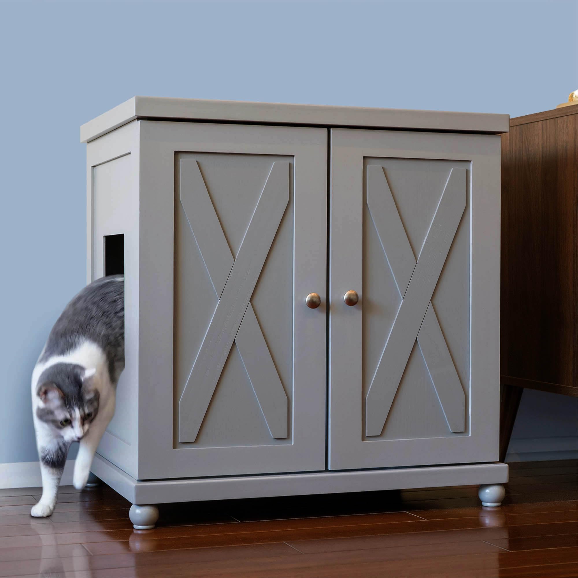 Premium Cat Litter Box Enclosure Cabinet - Farmhouse Style Smoke Gray Hidden Litter Box Furniture with Drawer & Round Feet for Large Cats | Discreet Pet Waste Solution for Living Rooms, Bedrooms & Apartments