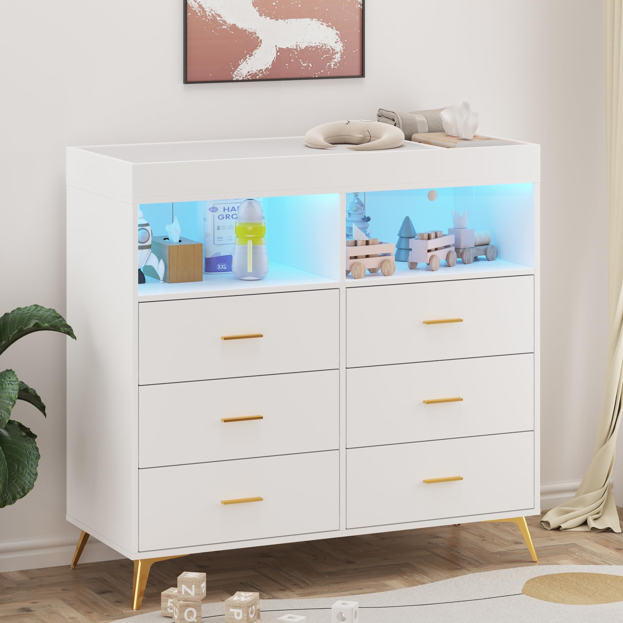 Baby Changing Table Dresser with LED Lights & Power Outlet - 6 Storage Drawers Nursery Organizer for Infants & Newborn - White Changing Station for Diapers, Clothes & Baby Essentials - Perfect for Nursery, Bedroom & Baby Shower Gifts
