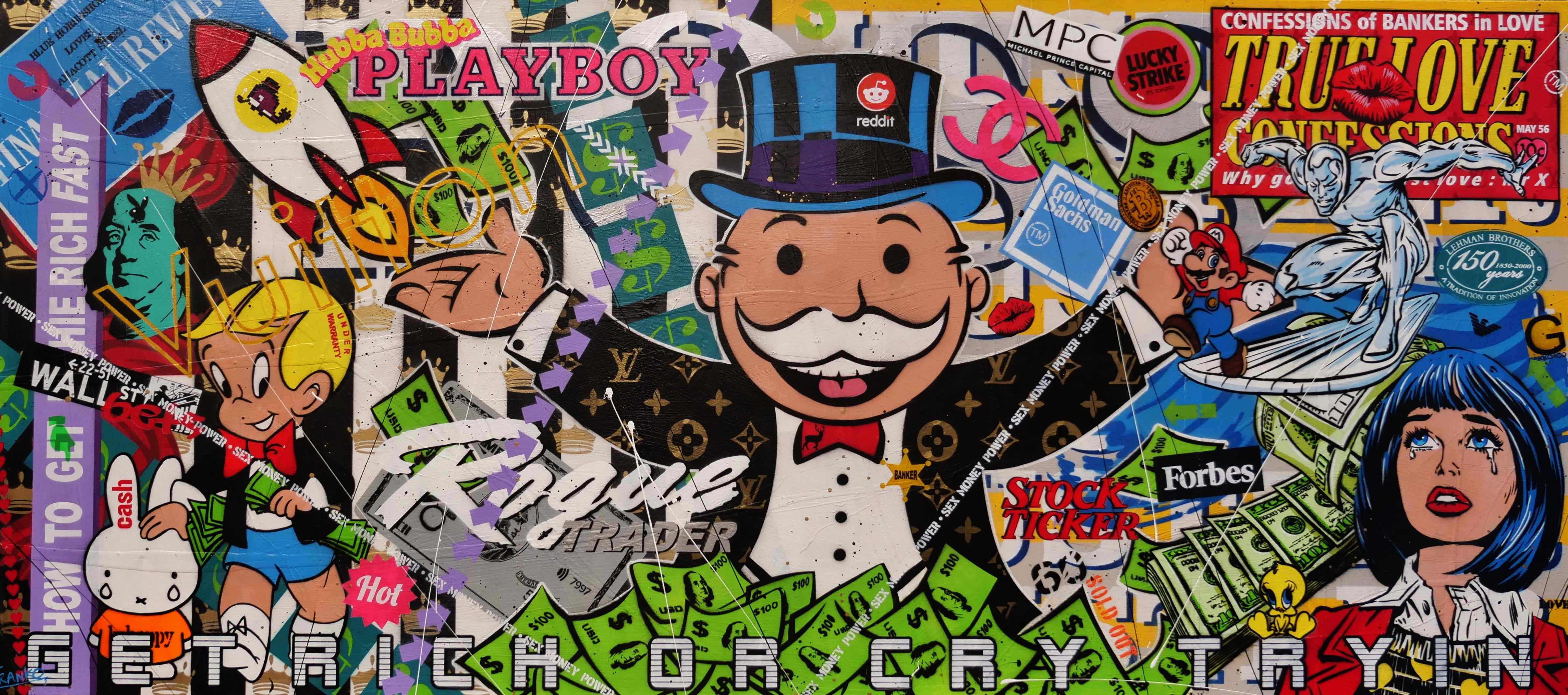 Mr Monopoly Temptation 270cm x 120cm Textured Urban Pop Art Canvas Painting - Modern Wall Decor for Living Room, Office & Game Room