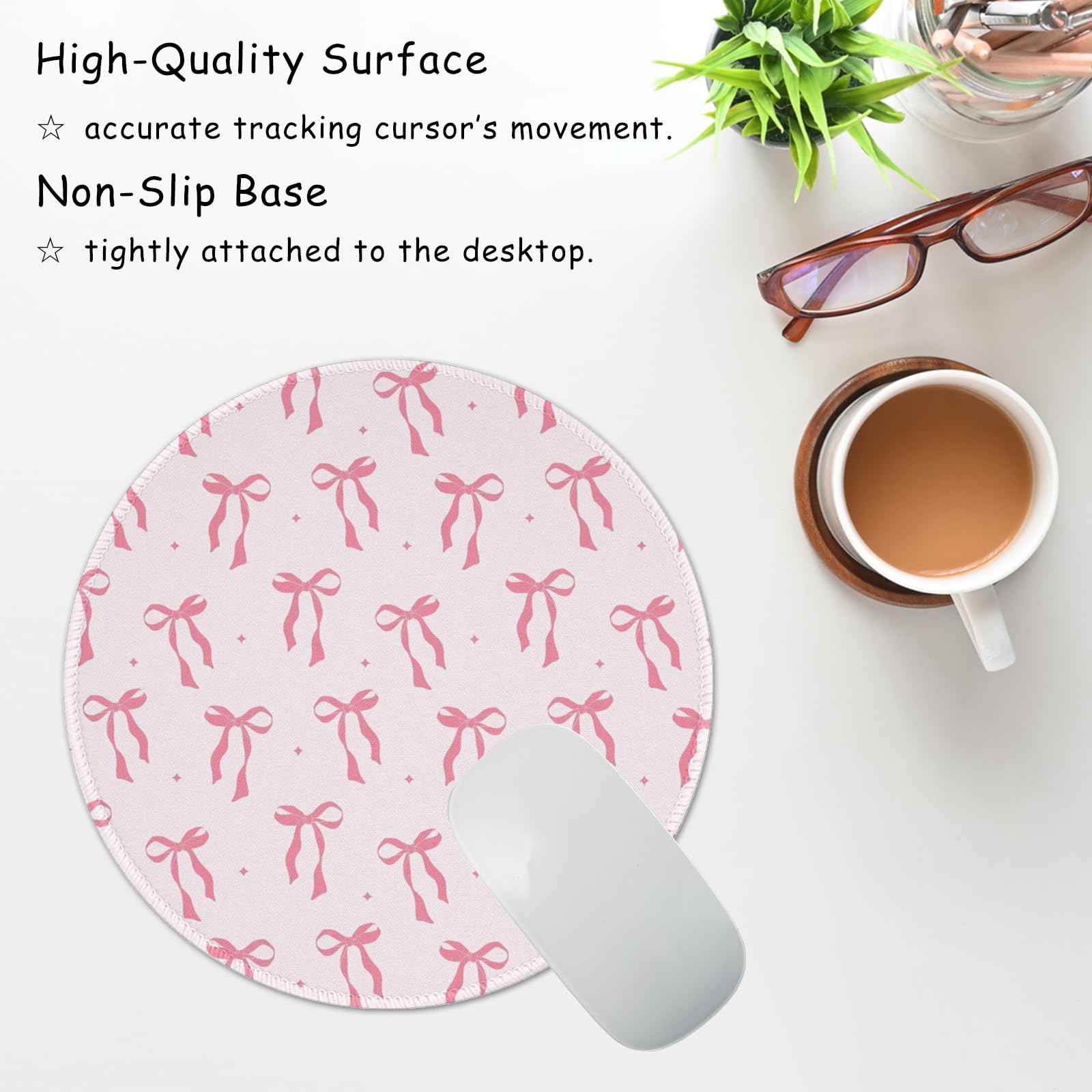 Kawaii Pink Bow Mouse Pad - 7.9×7.9 Inch Non-Slip Rubber Base Round Desk Mat for Laptop & Computer - Cute Office Decor & Travel Accessory | Perfect for Work, Gaming & Aesthetic Workspace Setup