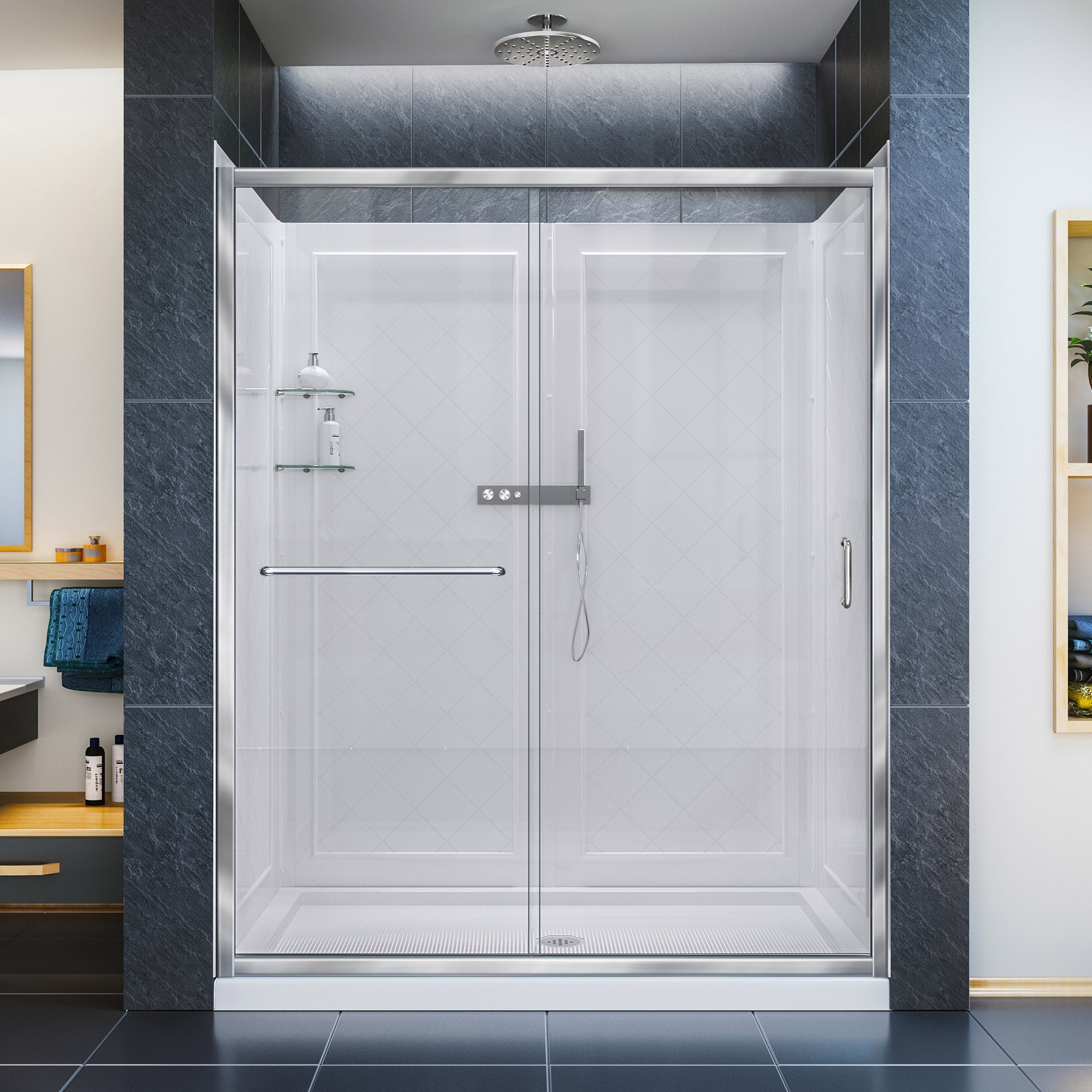 DreamLine Infinity Z 30x60x76.75 Inch Semi-Frameless Sliding Shower Door with Clear Glass, Shower Base & QWALL 5 Backwall Kit - Modern Bathroom Upgrade for Spa-Like Experience
