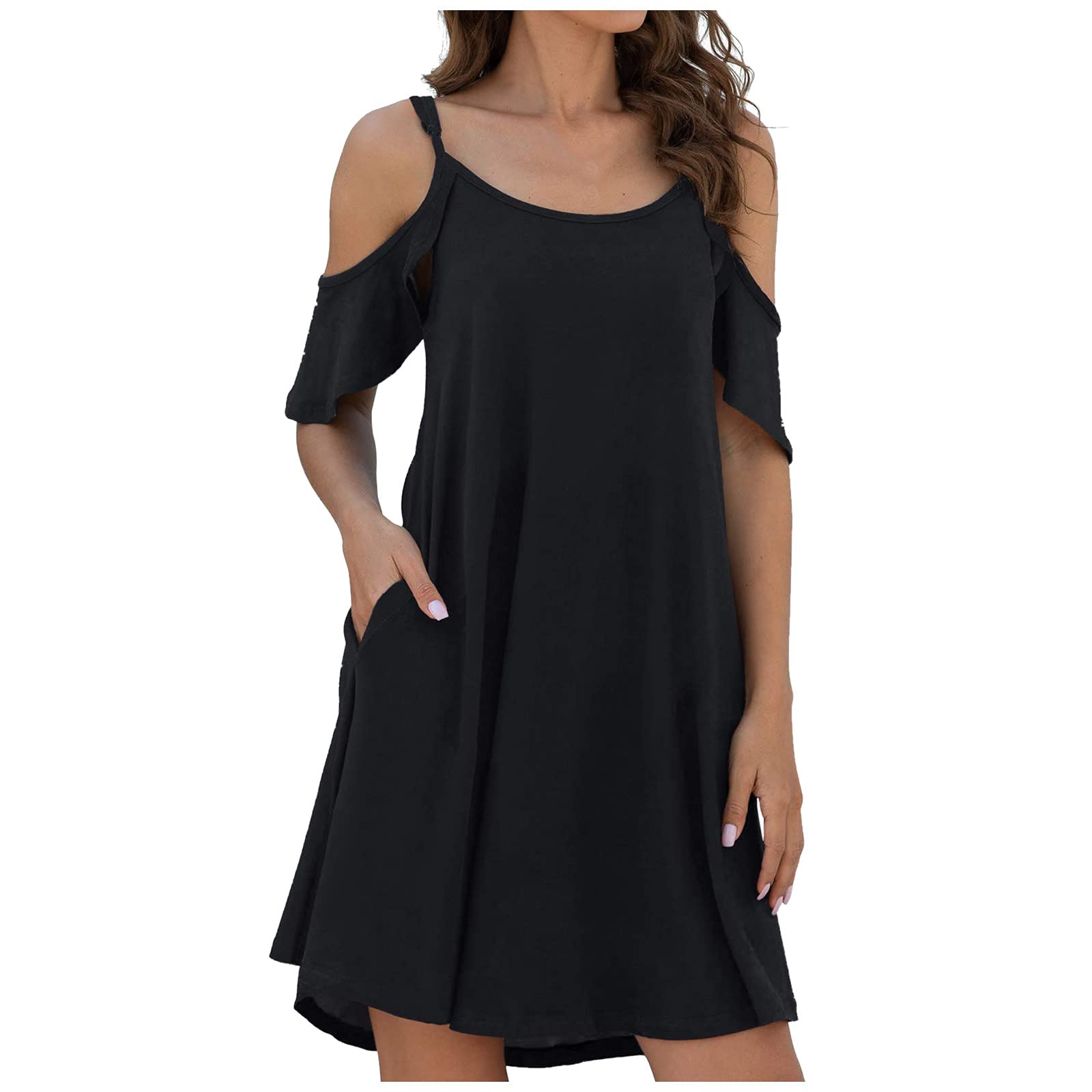 Elogoog Women's Summer Dresses with Pockets - Sleeveless Ruffle Casual Shoulder Dress for Women | Perfect for Beach Vacation, Outdoor Picnic & Summer Parties