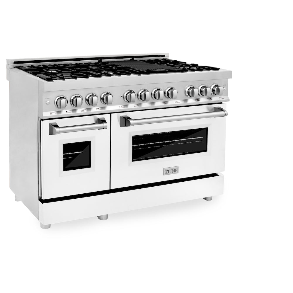 ZLINE 48-Inch 6.0 cu. ft. Dual Fuel Range with 7-Burner Gas Cooktop & 2 Electric Ovens - Stainless Steel & White Matte Doors (RA WM 48) - Perfect for Professional Home Kitchens & Gourmet Cooking