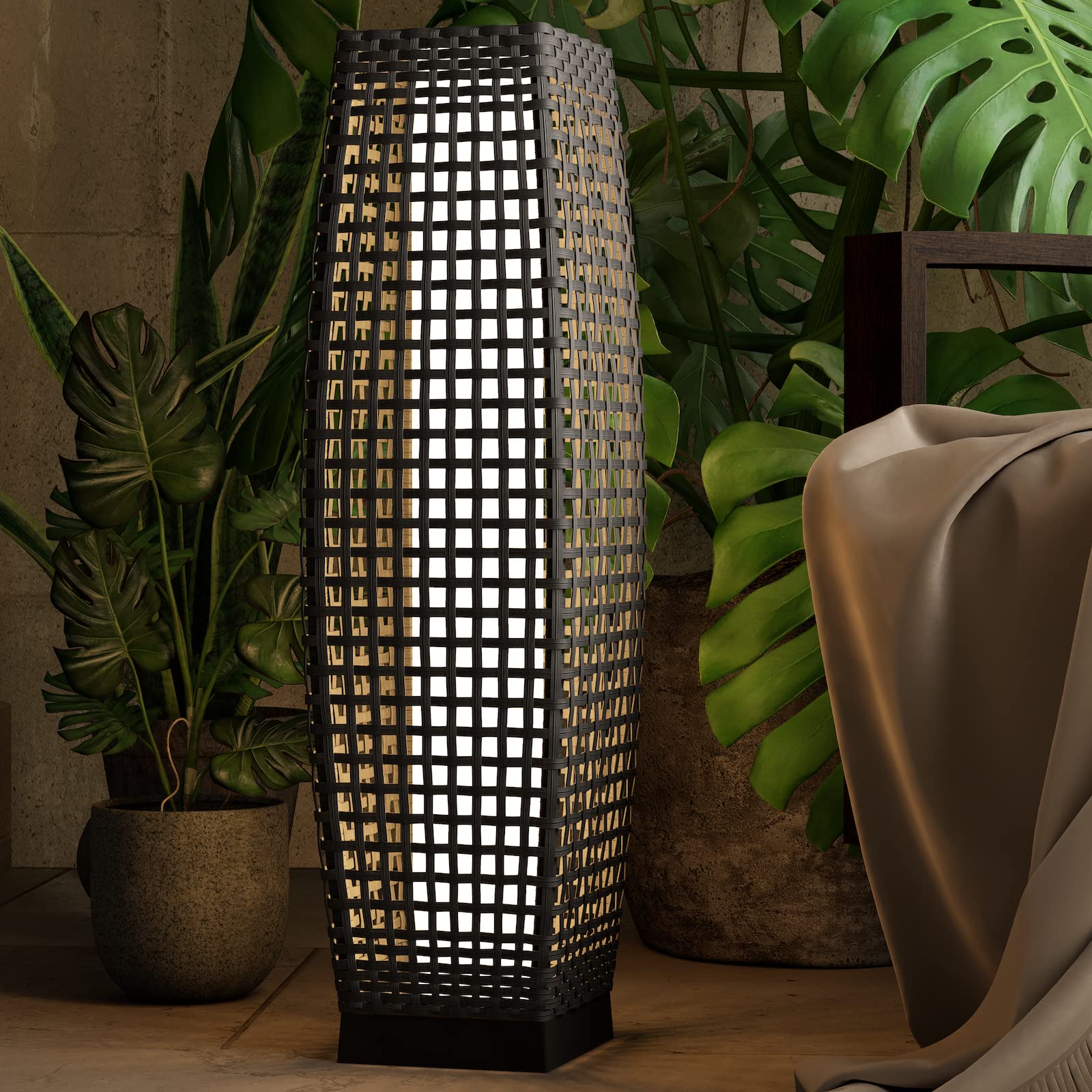 Solar-Powered Outdoor Floor Lamp - Woven Resin Wicker Design for Patio, Garden, Lawn, Deck, Poolside & Porch Lighting | Weather-Resistant Silver Gray Finish | Ideal for Evening Gatherings & Landscape Ambiance