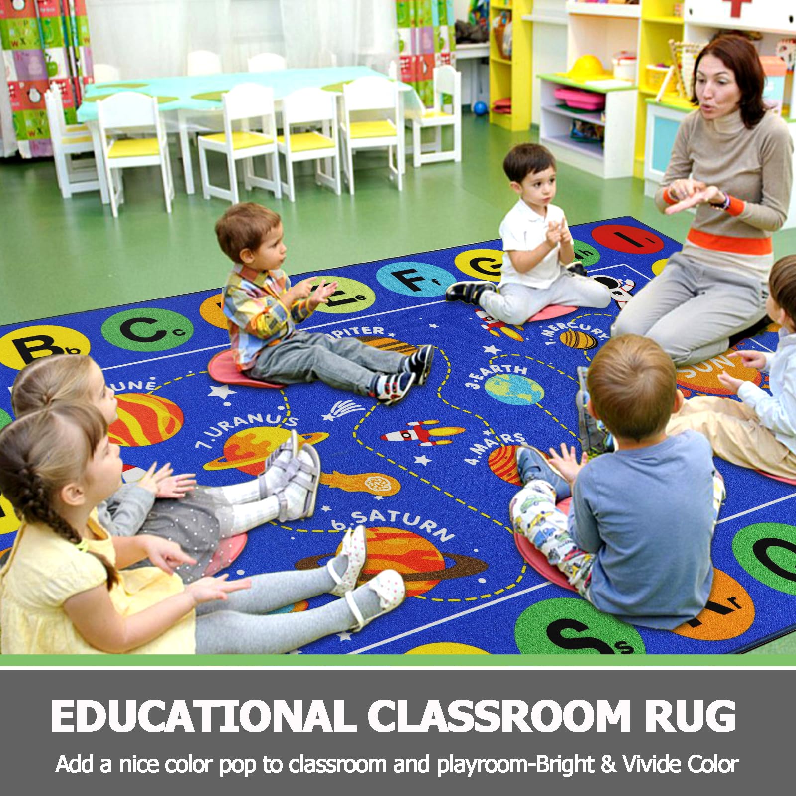 Blue Outer Space Educational Kids Rug 6.6'x9.8' - Non-Slip ABC Alphabet & Planets Play Mat for Classroom, Nursery, Toddler Room & Living Room - Perfect for Learning, Playtime & Decoration