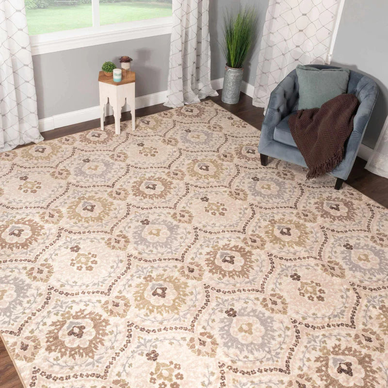 Augusta Rustic Floral Damask Non-Slip Indoor Area Rug - Soft & Durable Living Room Carpet for Home Decor