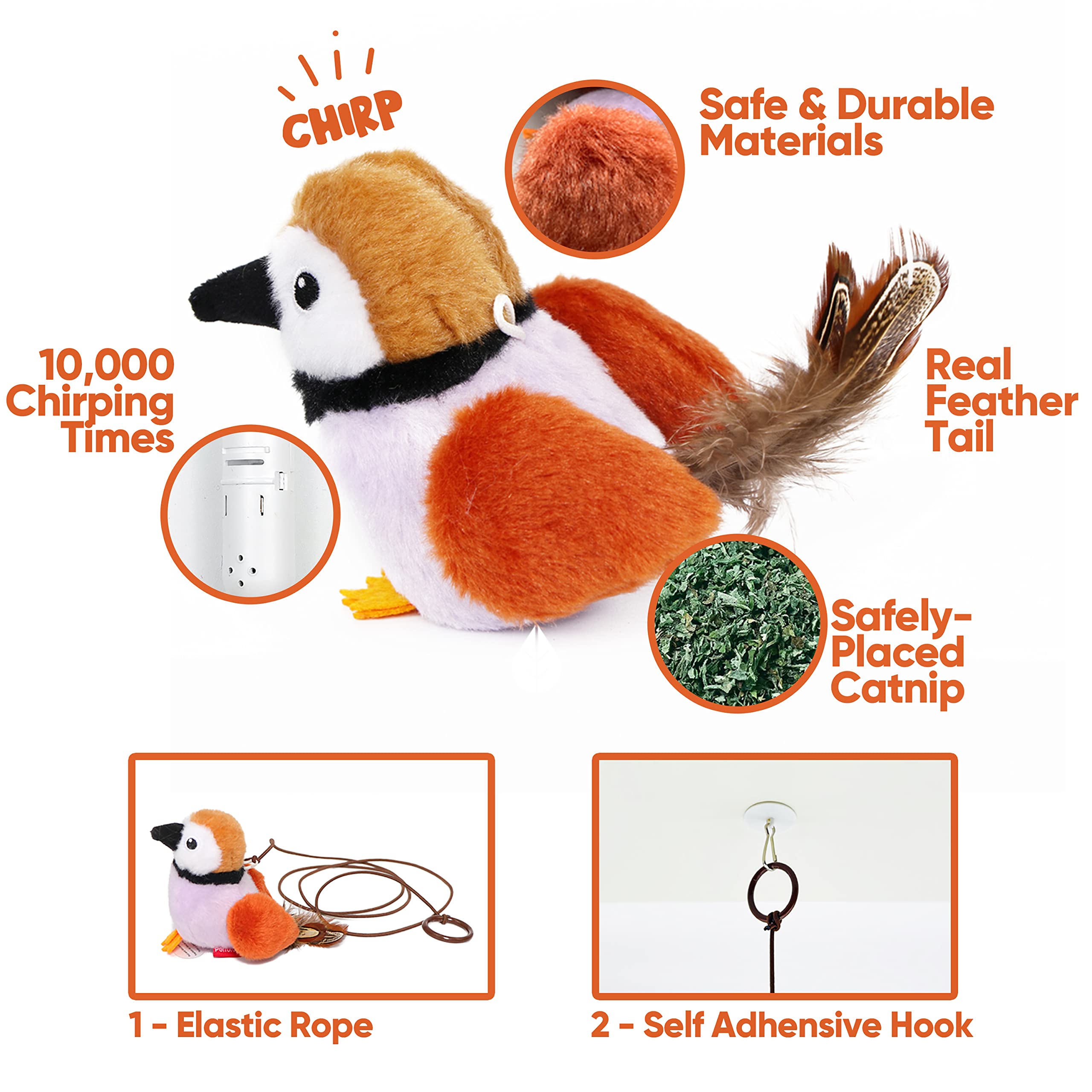 Interactive Chirping Bird Cat Toys with Catnip & Feather - Fun Kitten Toys for Indoor Cats, DIY Cat Wand & Hanging Door Toy - Perfect for Cat Trees & Towers - Playtime & Exercise for Active Felines