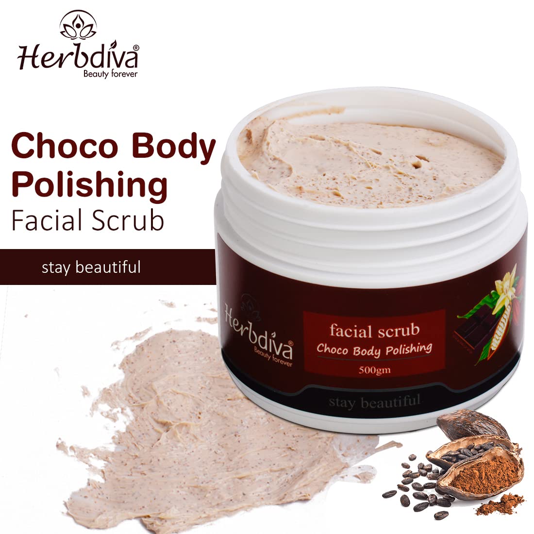 Herbdiva Choco Body Polishing Facial Scrub 500GM - Exfoliating Scrub for Tan Removal, Blackhead & Dirt Cleanser - Enriched with Sweet Almond Oil & Vitamin C for Soft, Smooth Skin - Perfect for Spa Day & At-Home Skincare Routine
