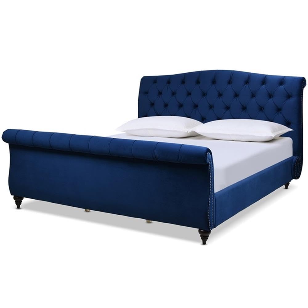 Jennifer Taylor Home Nautilus King Bed Frame with Headboard & Footboard - Navy Blue Velvet Upholstered - King Size (US Standard) - Luxurious Bedroom Centerpiece for Master Suites & Guest Rooms