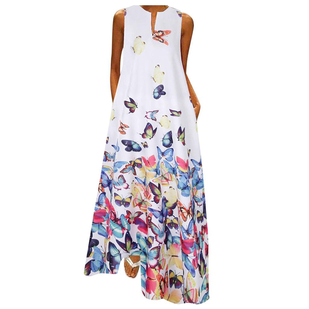 FABIURT Women's Casual Summer Dresses - Butterfly Printed V-Neck Sleeveless Maxi Dress with Pockets | Beach Cover Up, Vacation Outfit, Boho Chic Fashion
