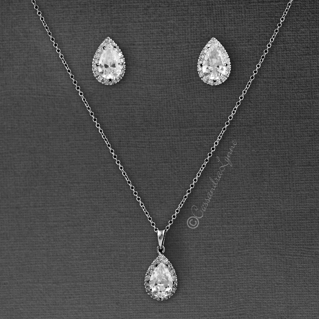 Elegant CZ Necklace Set with Pave Pear Pendant & Matching Earrings | Perfect for Weddings, Anniversaries & Special Occasions