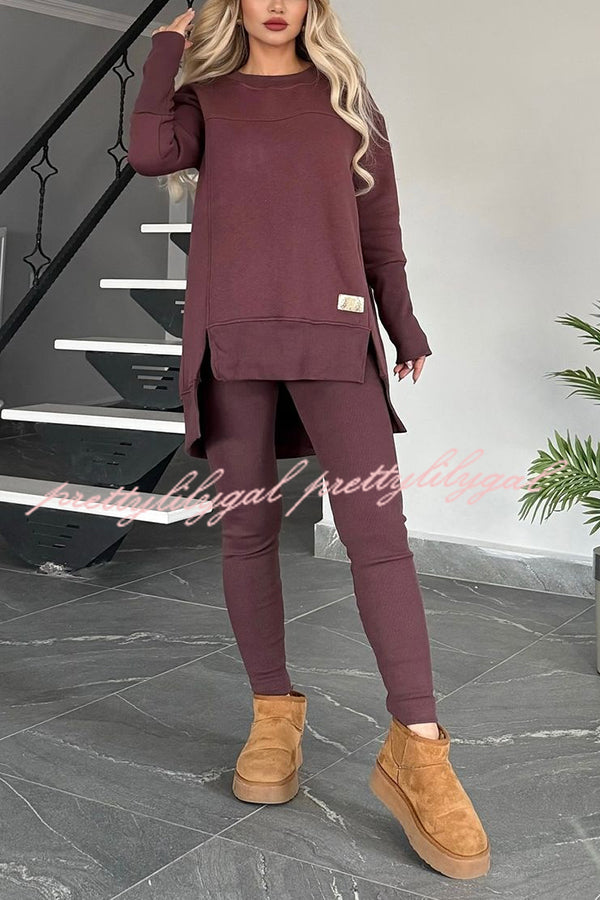 Solid Color Crew Neck Long Sleeve Top & Stretchy Casual Pants Set - Women's Comfortable Lounge Wear for Home, Yoga & Everyday Outfits