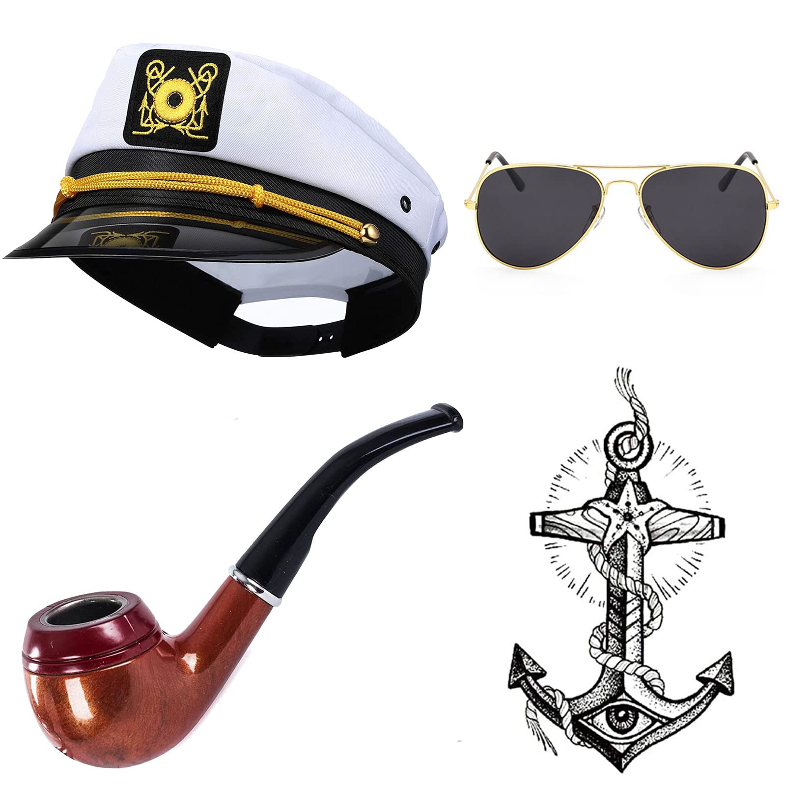 Yacht Captain & Sailor Costume Set - Premium Hat, Classic Corn Cob Pipe, Aviator Sunglasses & Vintage Anchor Tattoo | Perfect for Halloween, Cosplay, Nautical Themed Parties & Role Play
