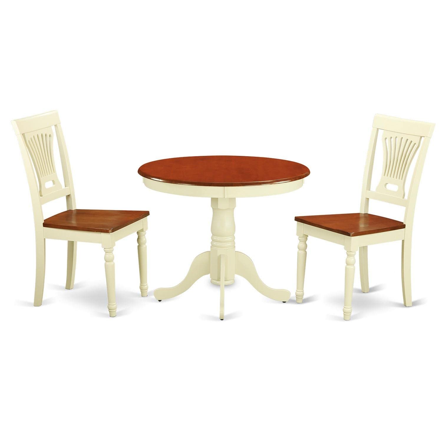 East West Furniture ANPL3-WHI-W 3 Piece Dining Set - Round Pedestal Table & 2 Wooden Chairs, 36x36 Inch, Buttermilk & Cherry - Perfect for Small Spaces, Breakfast Nooks & Cozy Kitchen Dining