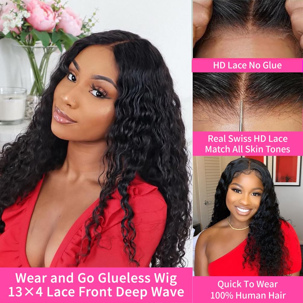 13x4 Glueless Human Hair Wigs Pre Plucked Deep Wave Lace Front Wig with Baby Hair - 180% Density 24 Inch Natural Black for Women | Perfect for Daily Wear, Parties & Special Occasions