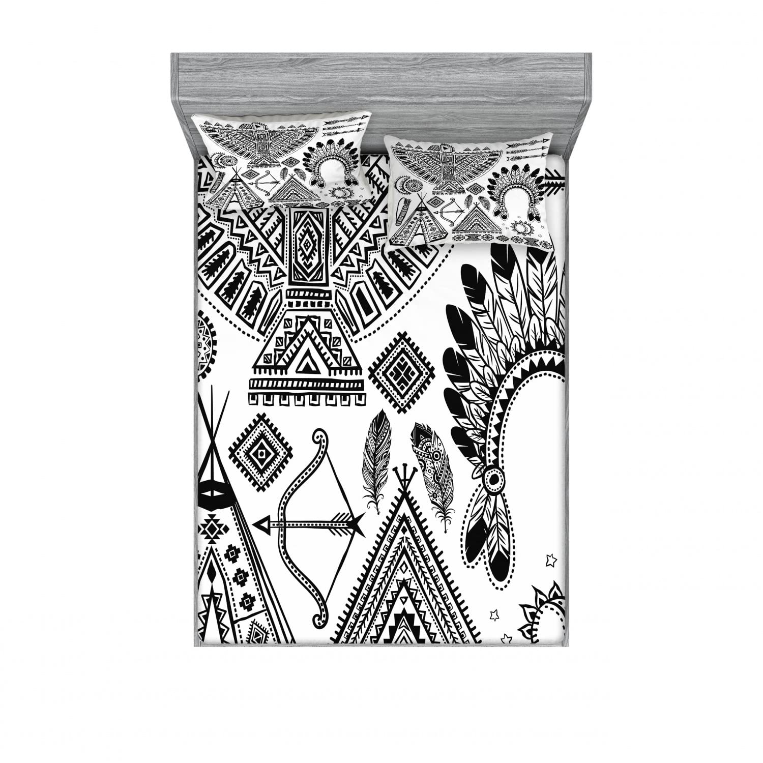Ambesonne Ethnic 2-Piece Full Size Fitted Sheet Set with 4 Pillow Shams - Tribal Black and White Pattern Bedding Collection - Perfect for Bohemian Bedroom Decor & Guest Room Styling