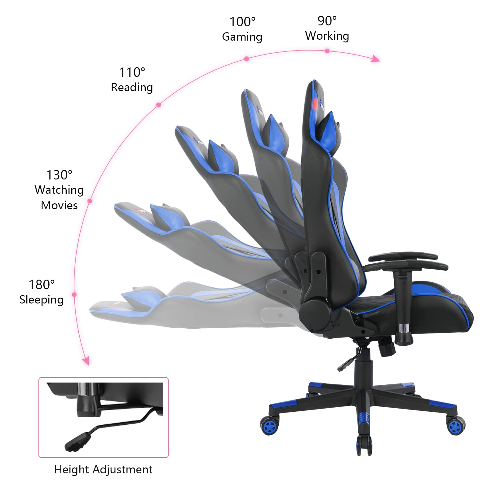 Powerstone Ergonomic Gaming Chair with Adjustable Armrest, Massage Lumbar Support & Wide Cushion - Blue Office Computer Chair for Adults - Perfect for Gaming, Working & Home Office Use
