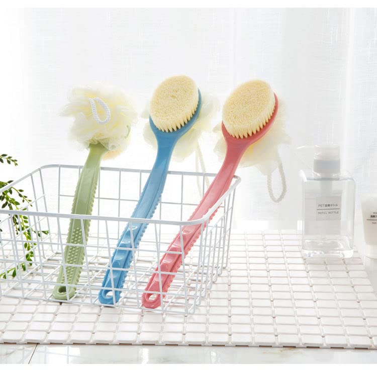Adaamya® Exfoliating Shower Brush with Bristles & Loofah Sponge - Long Curved Handle Body Scrubber for Men & Women - Perfect for Dry Skin Care, Back Cleansing & Spa Relaxation (Color May Vary)