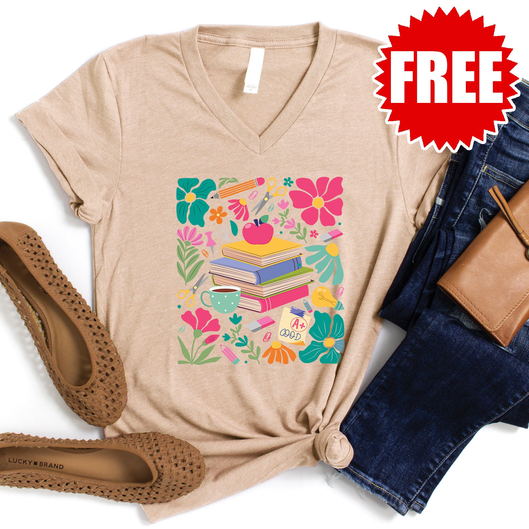 Boho Floral Print V-Neck Blouse for Women - Soft Heather Sand Color - Perfect for Teachers, Casual Wear & Office Outfits
