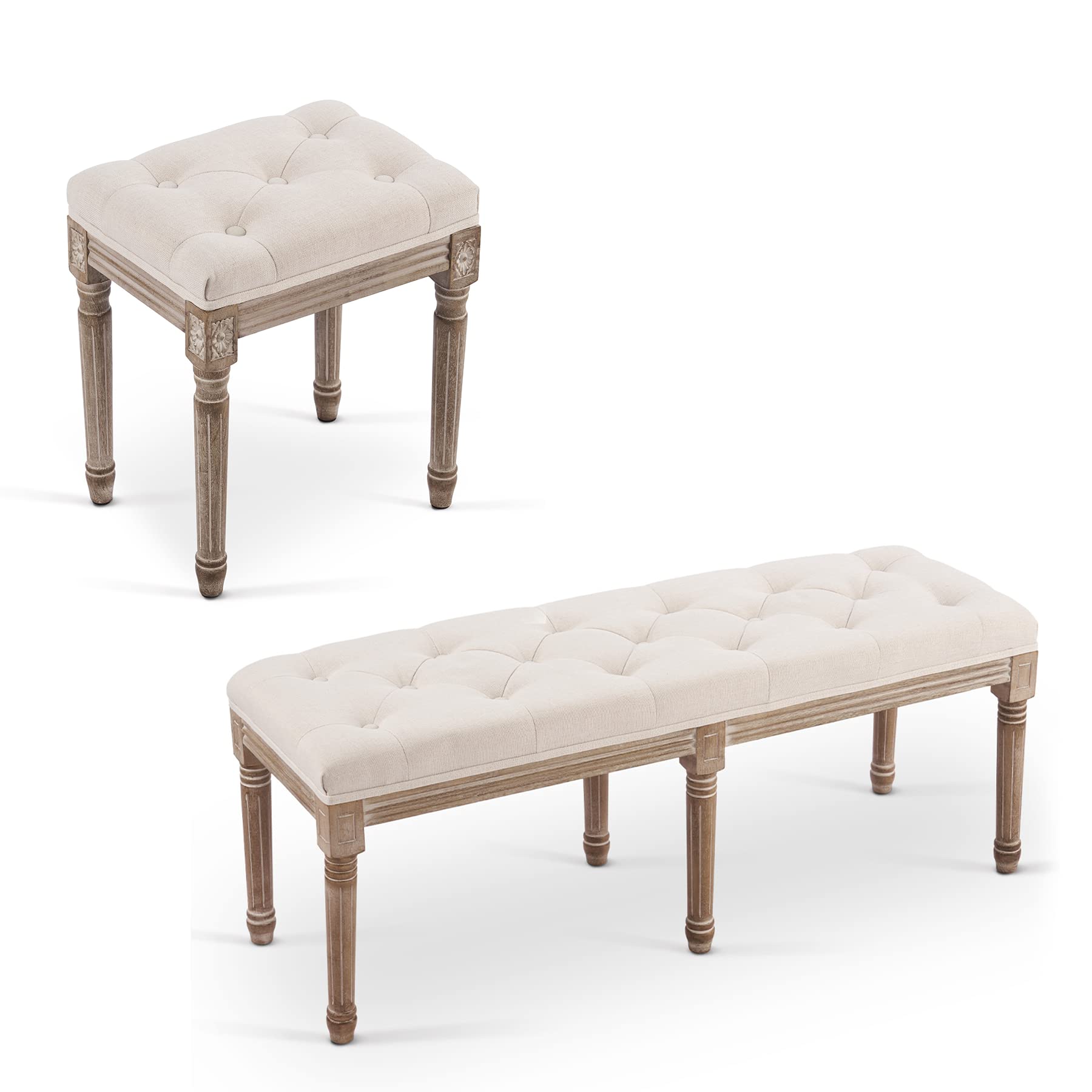 Vintage French Style Foot Stool with Rustic Wood Legs & Padded Seat - 48
