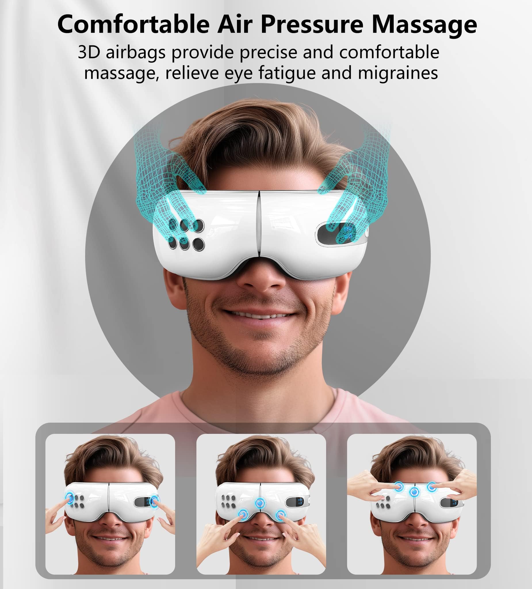Heated & Cooling Eye Massager for Migraines, Eye Strain Relief, Dark Circles & Puffiness - Rechargeable Eye Mask for Dry Eyes & Better Sleep - Perfect Gift for Women & Men (White) - Use at Home, Office or Travel