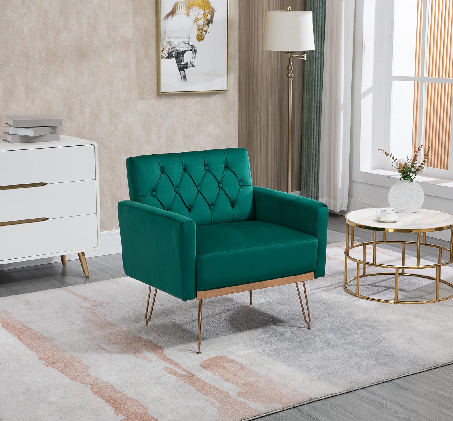 Modern Velvet Accent Chair with Gold Metal Legs - Tufted Upholstered Armchair for Living Room, Bedroom & Home Office - Comfortable Reading Club Sofa Chair in Green | Perfect for Cozy Corners, Lounge Areas & Stylish Home Decor