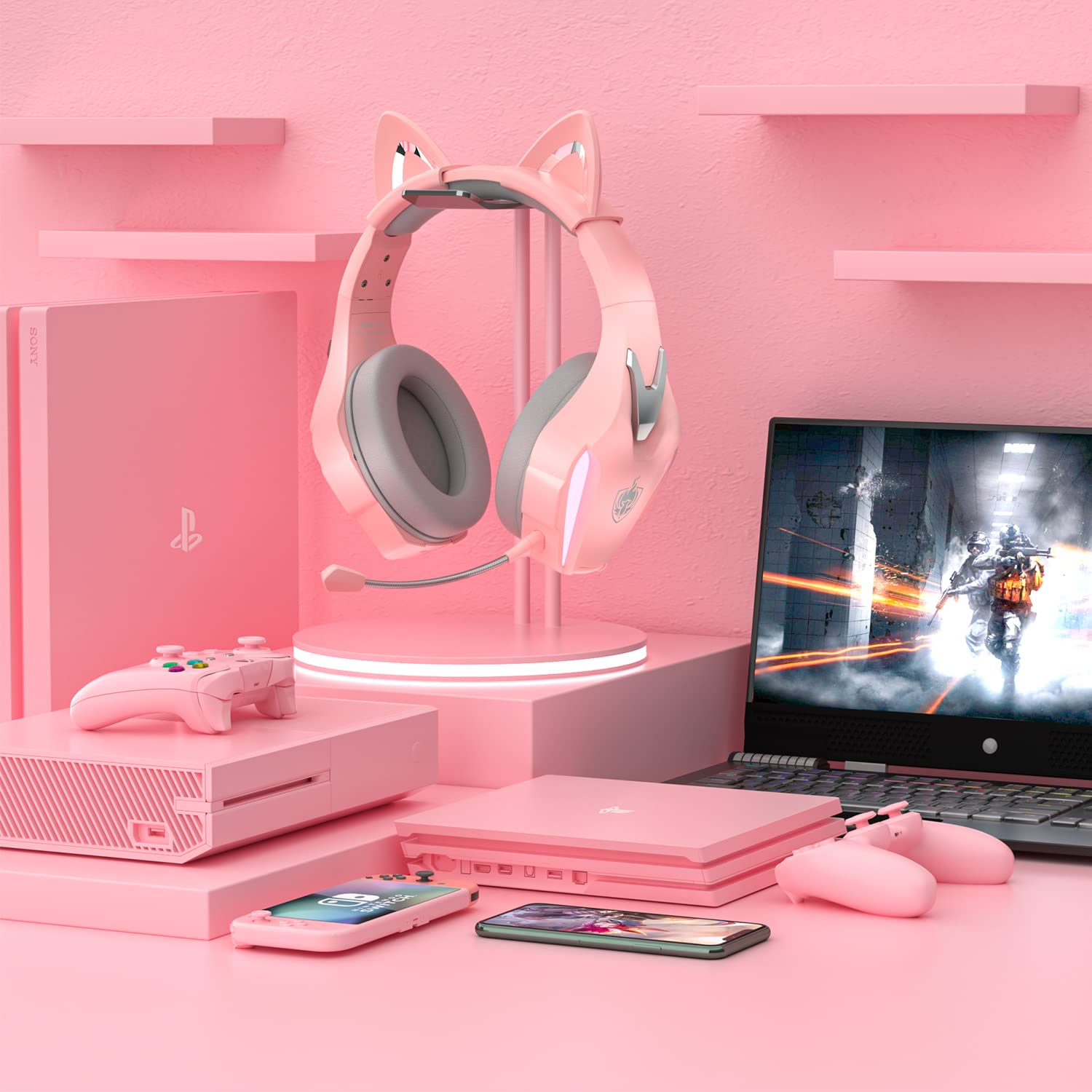 PHOINIKAS Wireless Gaming Headset for PS4, PS5, PC, Nintendo Switch & Xbox Series - 2.4GHz Wireless Headphones with Detachable Noise Canceling Mic, 7.1 Surround Sound, 3.5mm Wired Mode (Pink & Grey) - Perfect for Competitive Gaming, Streaming & Late-Night Sessions