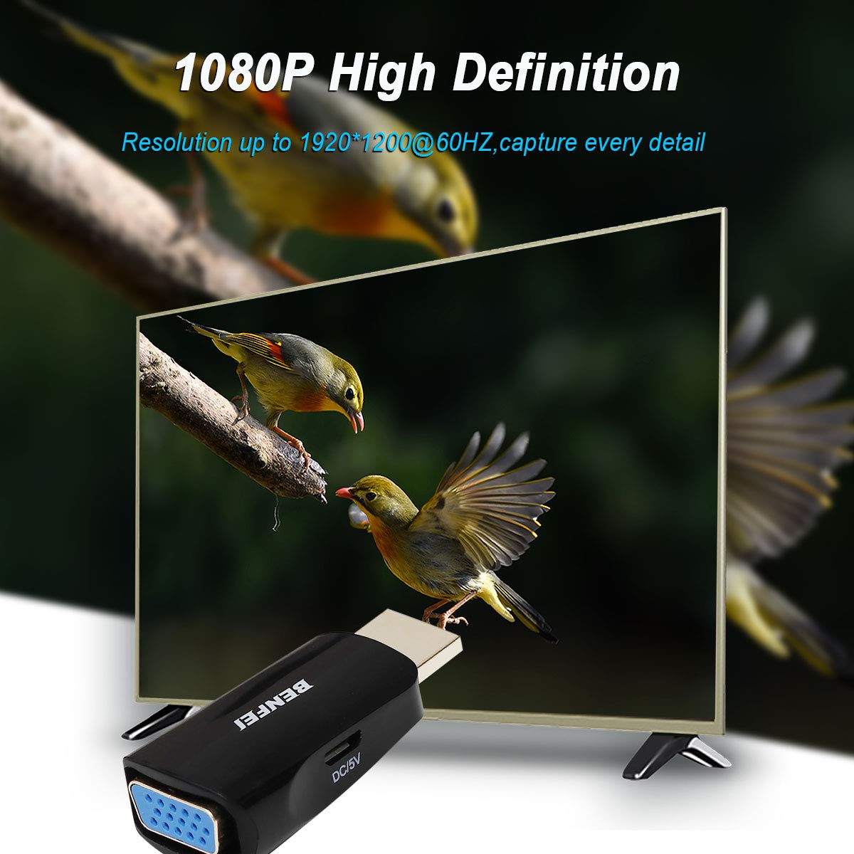Premium HDMI to VGA Adapter Gold-Plated - for PC, Laptop, Monitor, Gaming