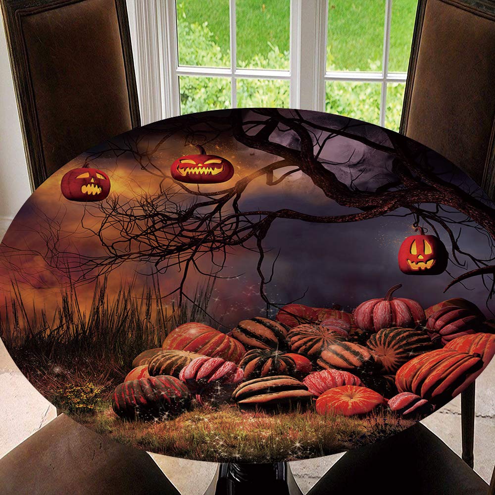 Halloween Round Tablecloth with Elastic Edge - Pumpkin and Lantern Design - Fits 35