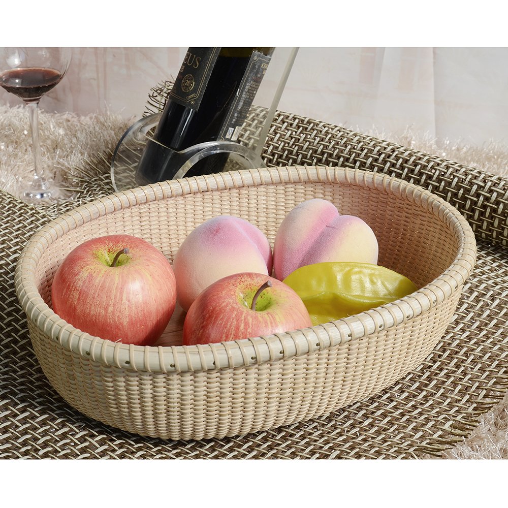 Nantucket-Style Cane Weave Fruit Basket - Natural Bread Tray for Kitchen Counter, Cake Display & Table Organizer | Perfect for Farmhouse Decor, Picnics & Rustic Weddings