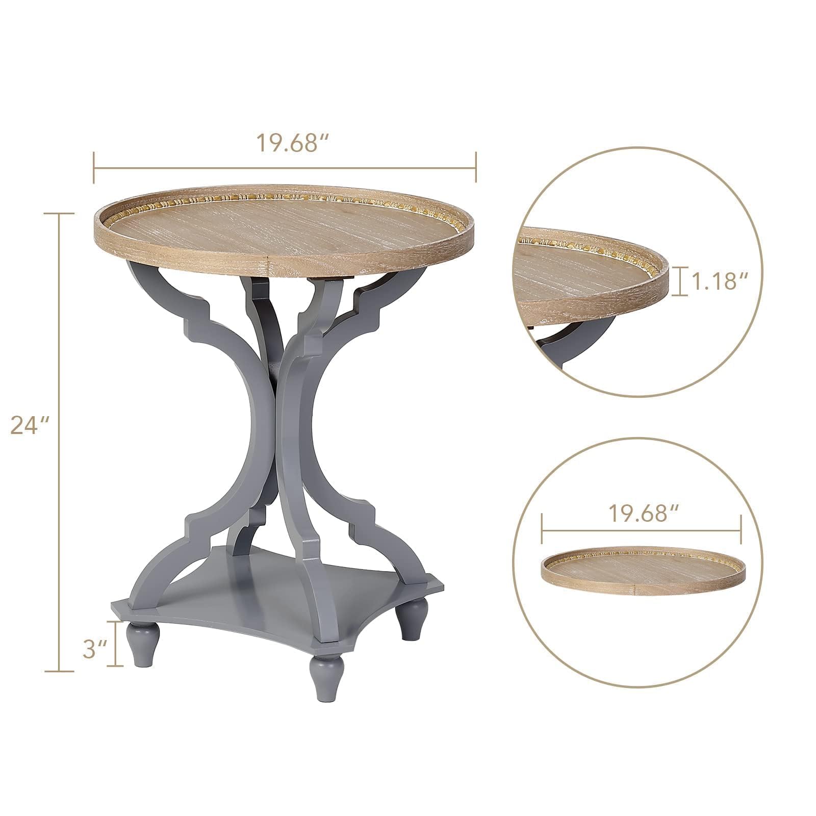 Wnutrees Farmhouse Round Accent End Table - Set of 2 Rustic Wood Side Tables with Tray Top for Living Room, Bedroom & Office - Handcrafted Grey Nightstands for Home Decor