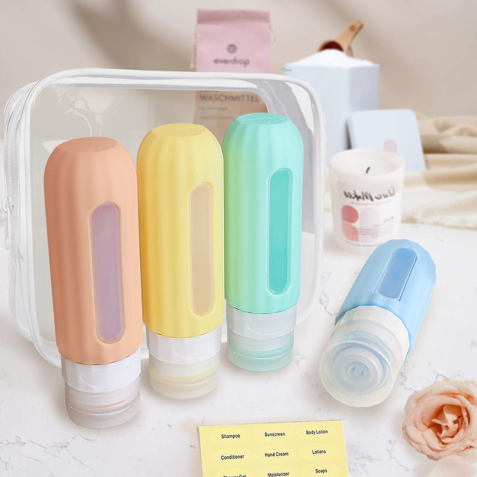 3oz TSA Approved Travel Bottles for Toiletries - BPA Free Leak Proof Silicone Containers for Shampoo & Conditioner with Clear Toiletry Bag | Perfect for Air Travel, Gym & Vacation Essentials