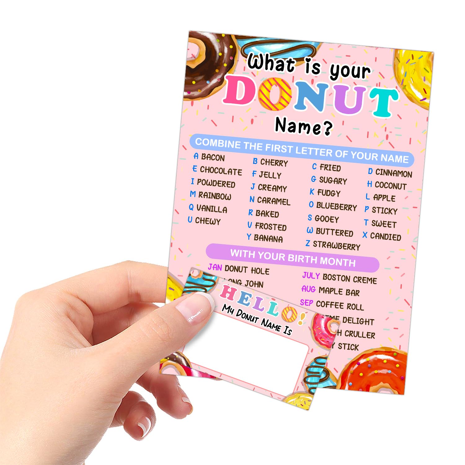Donut Name Game Set - 30 Fun Activity Cards & Party Sign for Girls Birthday, Wedding, Anniversary | Perfect for Holiday Celebrations & Kids' Party Games