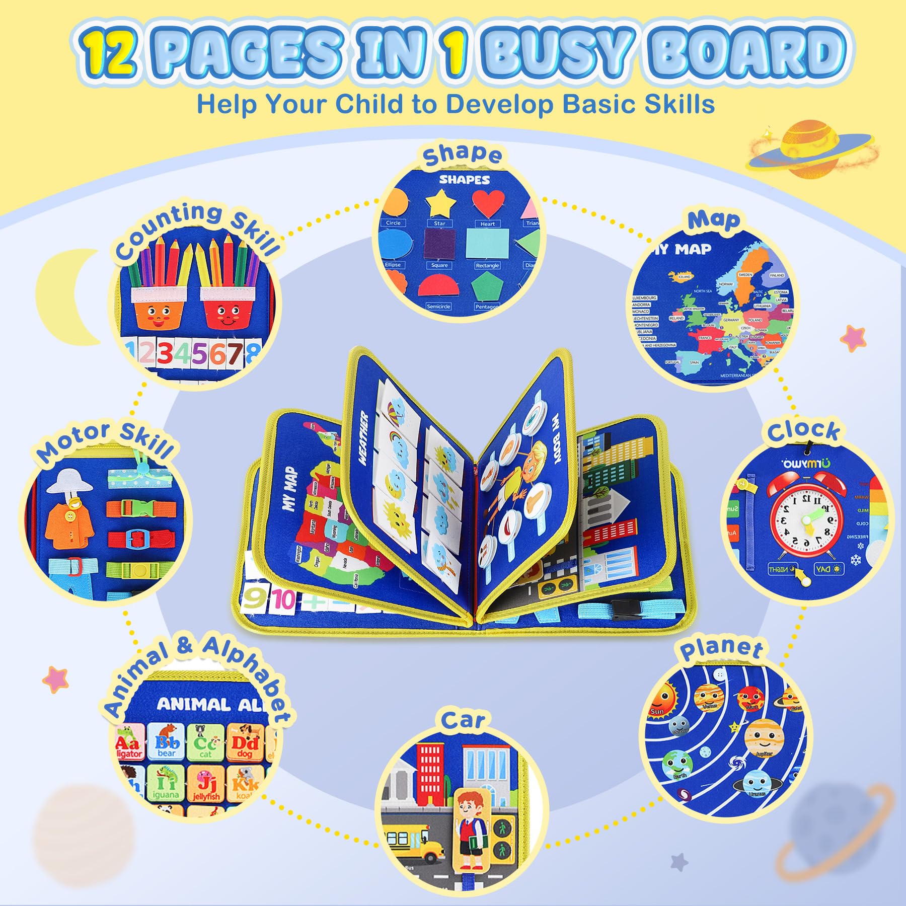 URMYWO Montessori Busy Board - Sensory Toys for Toddlers 1-4 Years Old, Fine Motor Skills Activity Book for Boys & Girls, Autism Learning Toys, Perfect Travel Gift for Road Trips, Airplane & Car Rides | Ideal for Home, Classroom & On-The-Go Play
