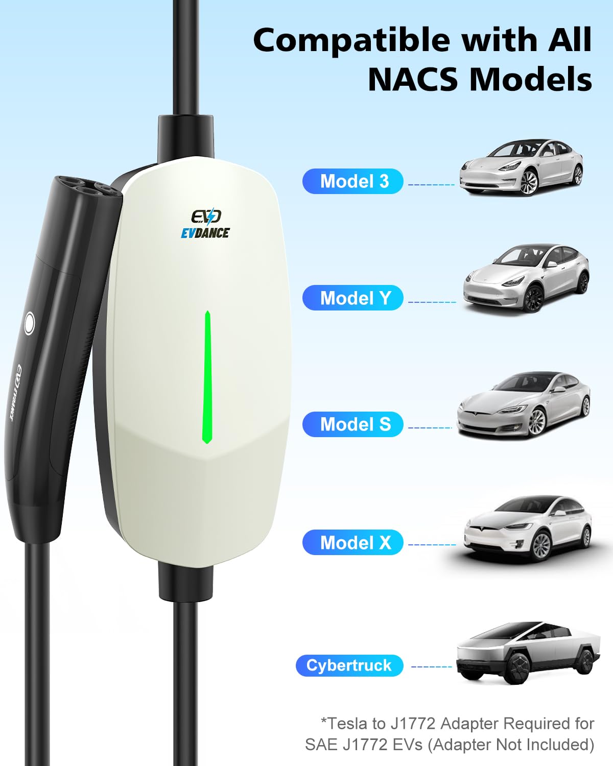 Tesla Level 1 EV Charger - 16A 110V-240V Portable Charging Cable with NEMA 6-20 & 5-15 Plug, 25FT Cord for Tesla Model S/3/X/Y - Home & Travel Charging Solution (White)