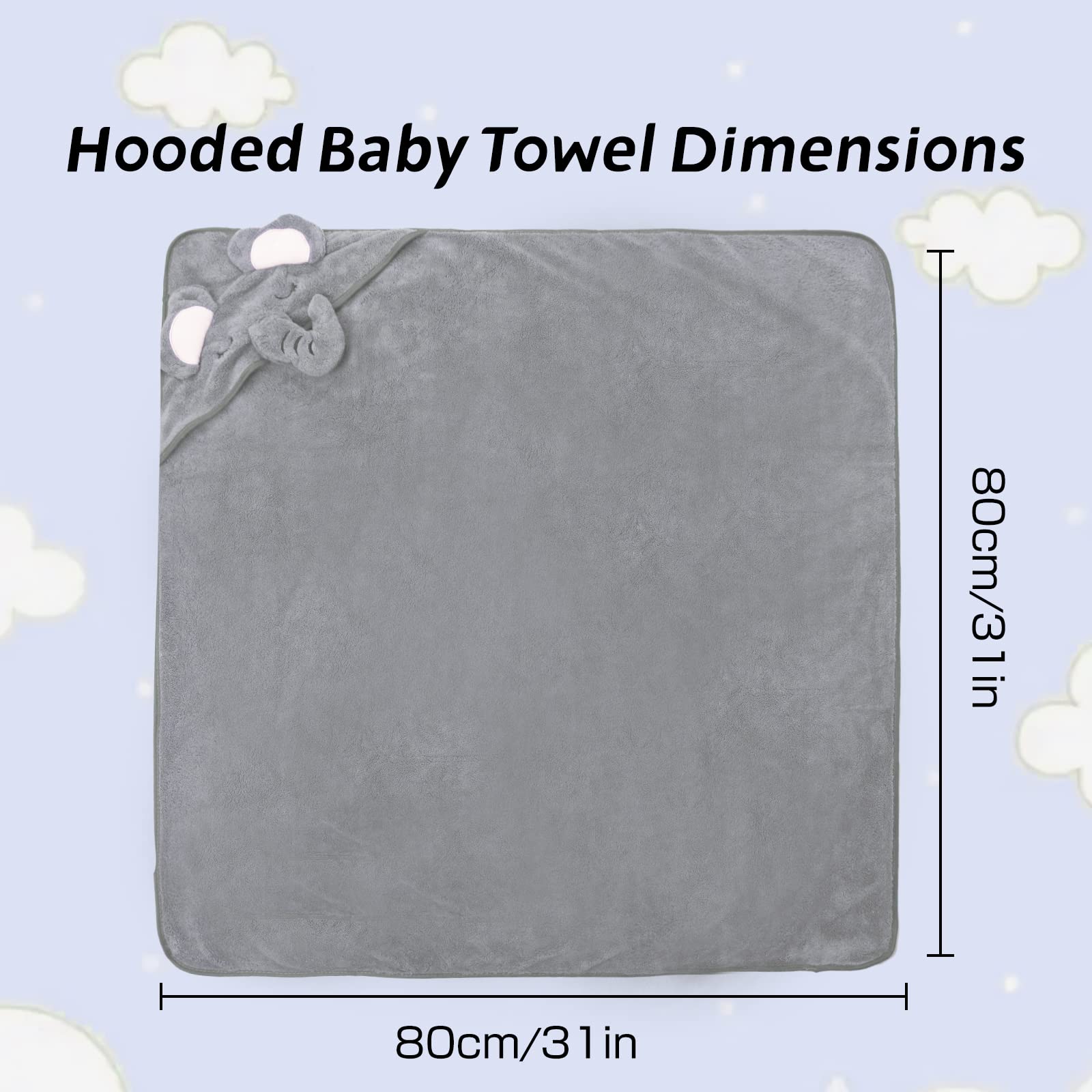 HiABsee Ultra Soft Hooded Baby Towels for Newborns - Grey Elephant Design, Absorbent Bath Towel for Boys & Girls | Perfect for Post-Bath, Swimming & Photo Shoots