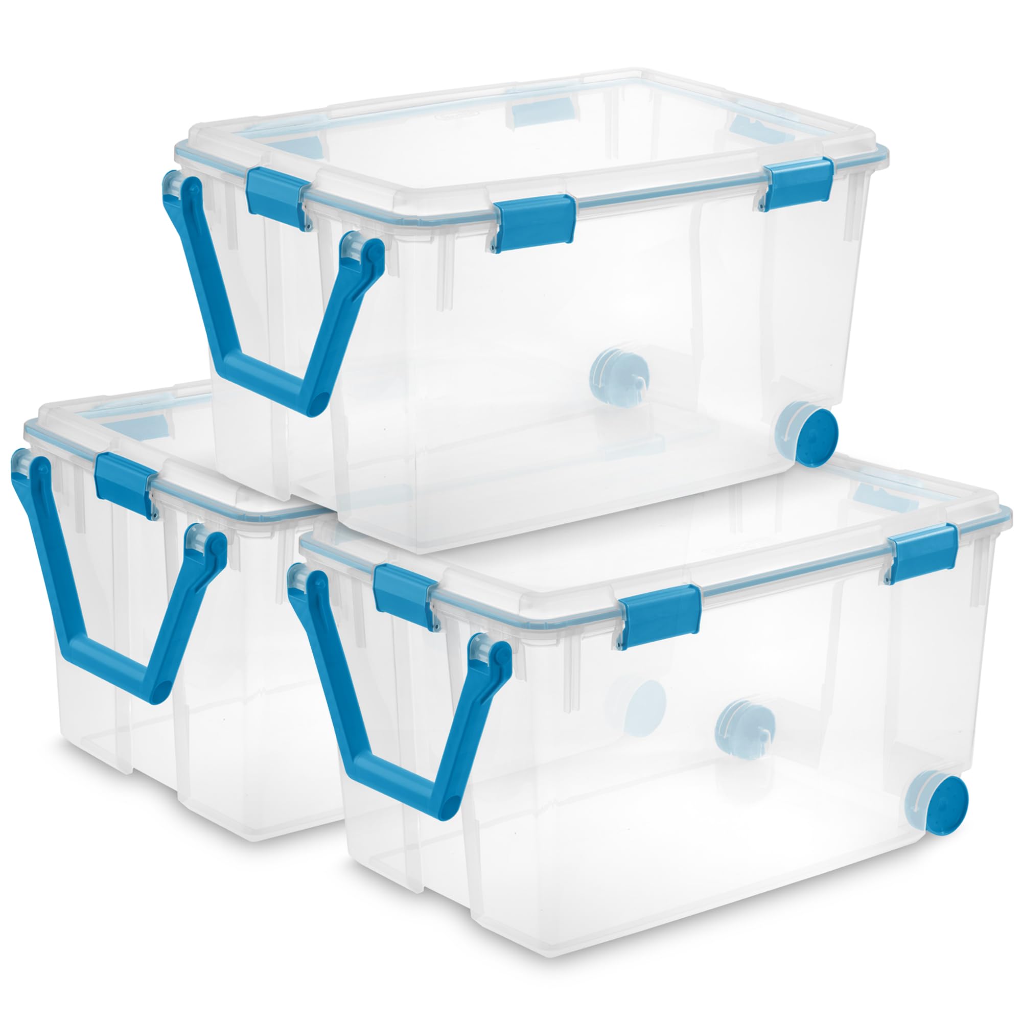 Sterilite 3-Pack 120 Quart Weatherproof Storage Bins with Latching Lids & Wheels - Heavy Duty Plastic Containers for Home Organization, Garage Storage, and Outdoor Use