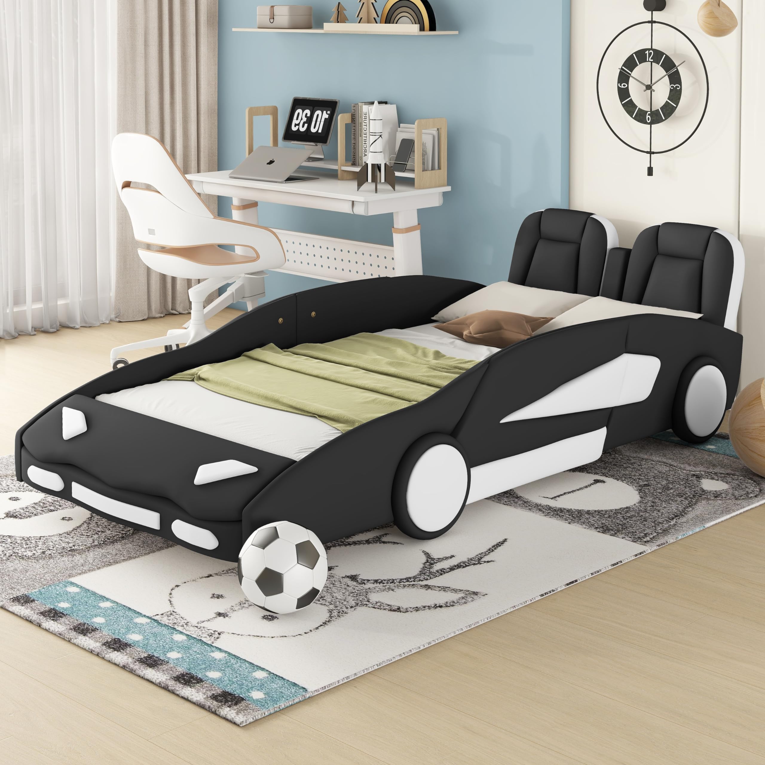 Bellemave Twin Size Race Car Platform Bed with Wheels & Guardrail - Boys Twin Bed Frame for Kids Bedroom, Playroom, or Nursery (Black) - Fun & Safe Sleep Solution for Toddlers & Children