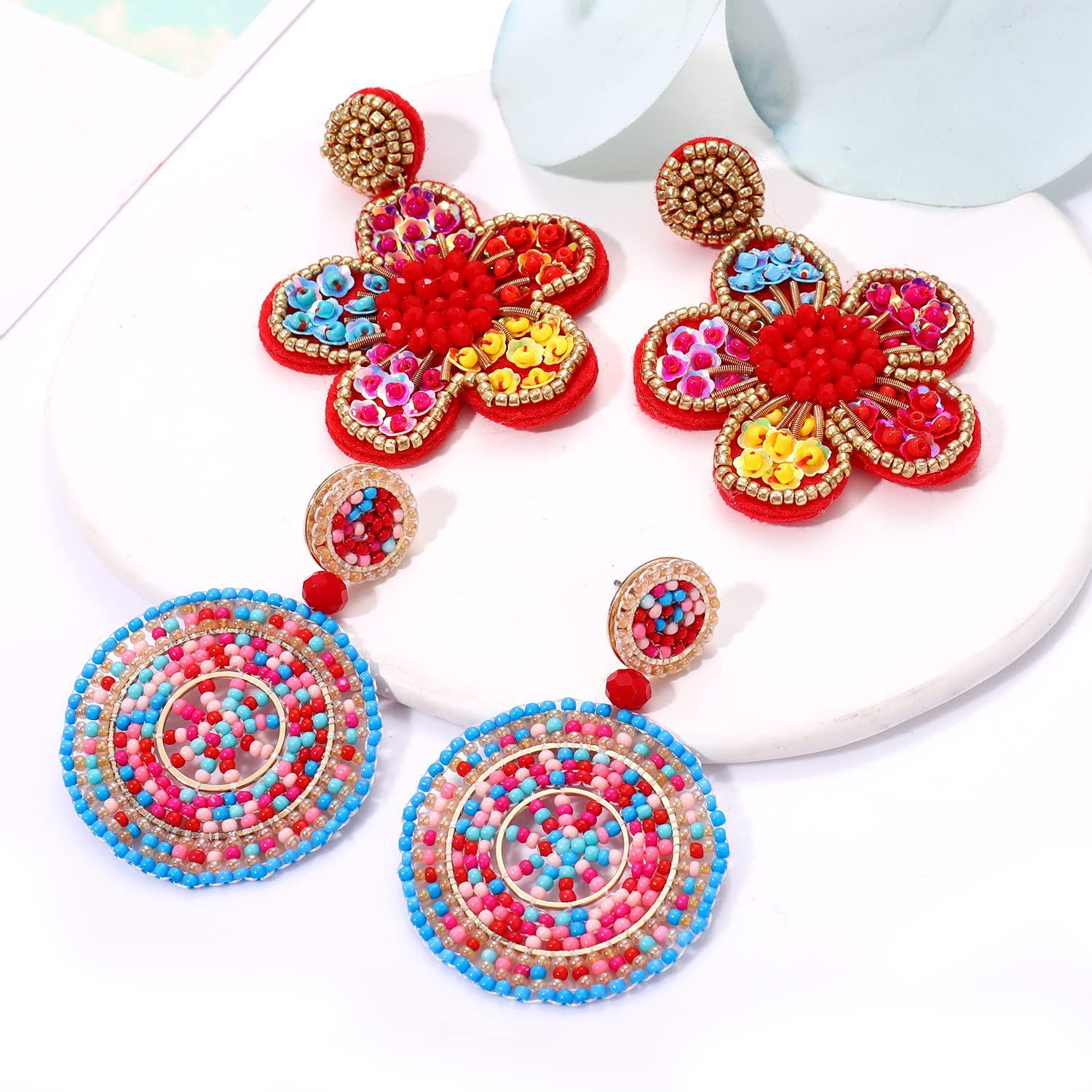 4 Pairs Bohemian Beaded Earrings for Women - Geometric Dangle Earrings with Pineapple & Flower Design, Colorful Summer Jewelry Set, Perfect Gift for Parties, Beach & Casual Wear