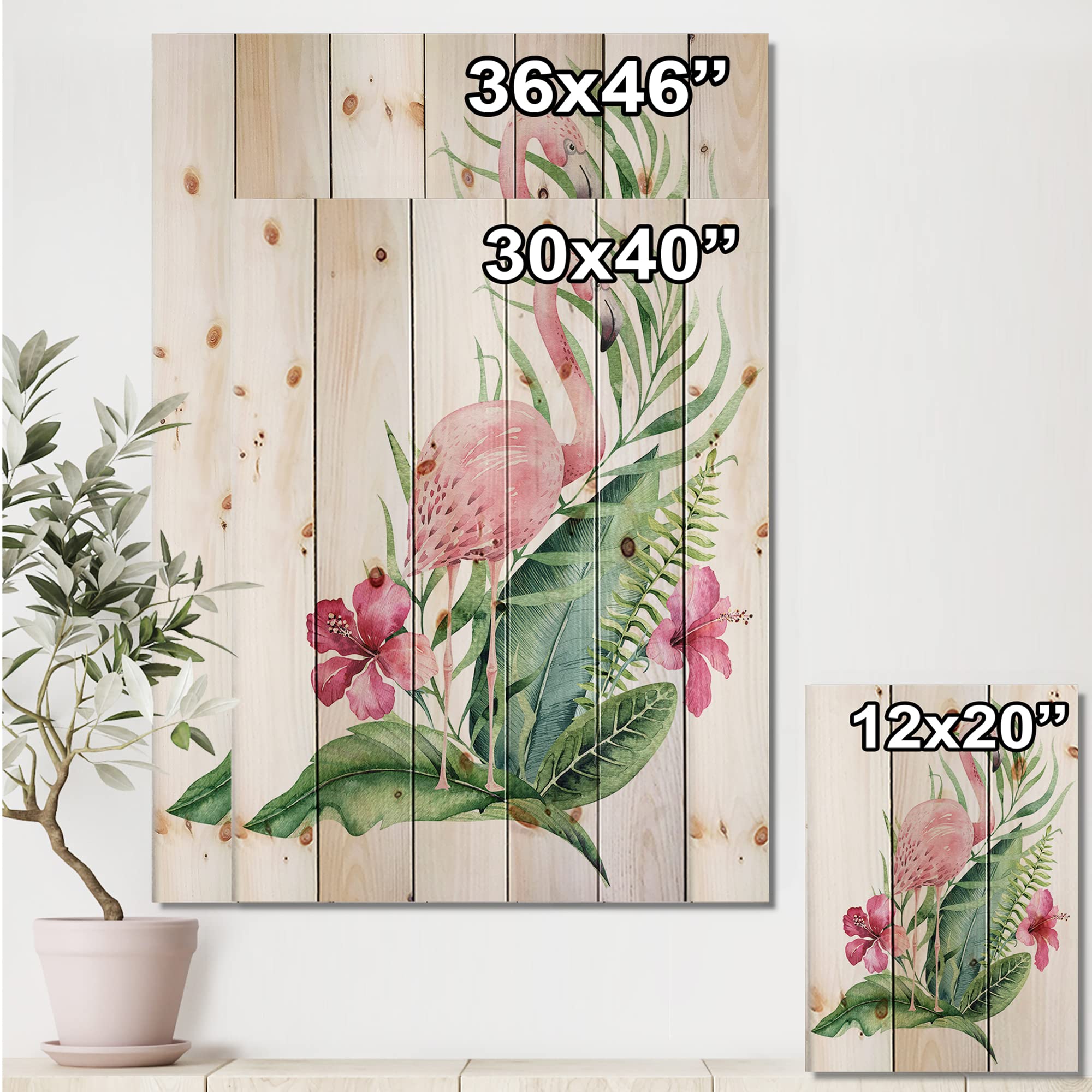 DesignQ Flamingo & Tropical Foliage Wood Wall Art - Pink Floral Pine Wood Decor Panel | Large Traditional Wall Hanging for Living Room, Bedroom & Office Decor