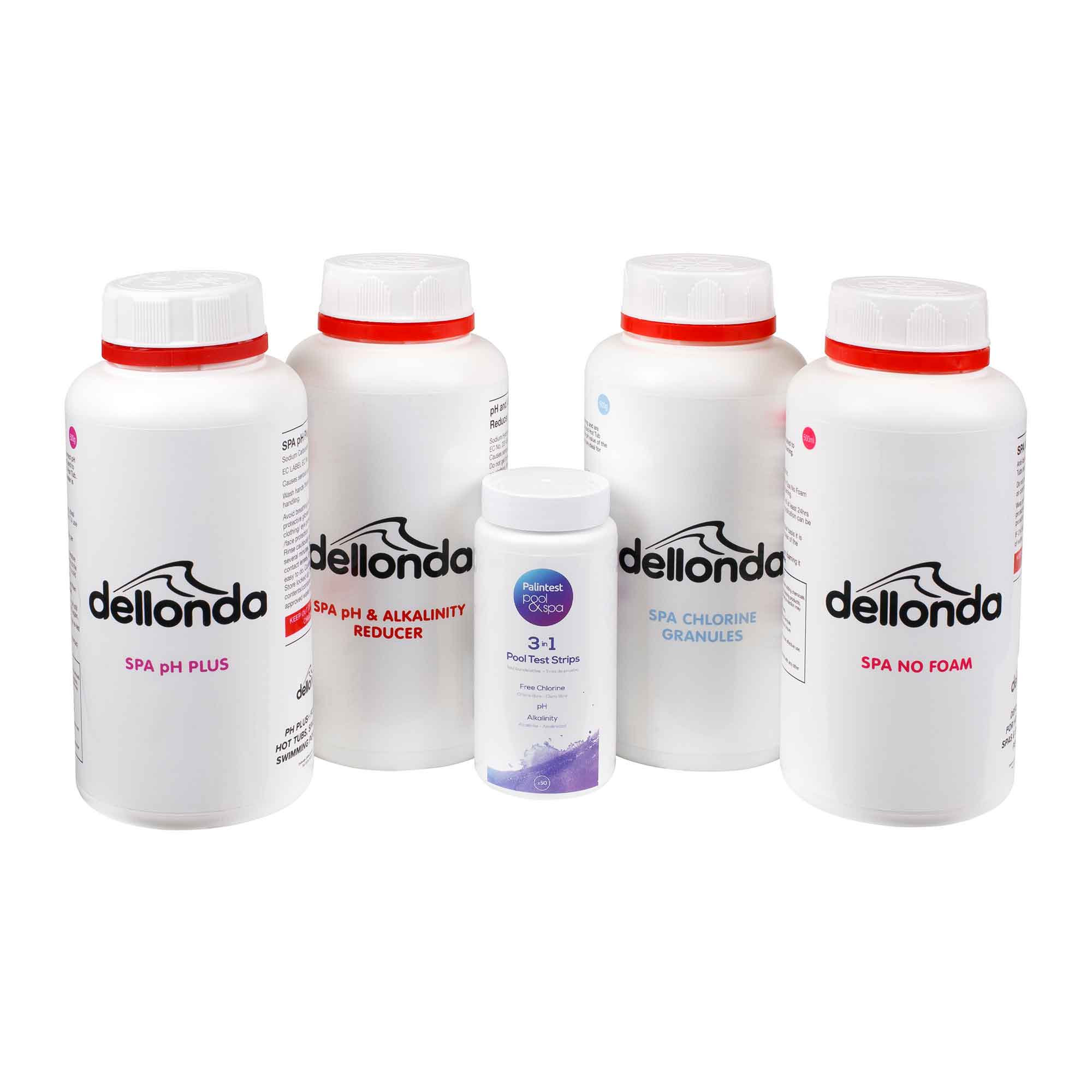 Dellonda Hot Tub Starter Kit with Chlorine, pH Increaser, Dry Acid, Foam Down & Test Strips (DL62) | Spa Maintenance Chemicals for Clean & Balanced Water | Perfect for Hot Tub, Jacuzzi & Swim Spa Care