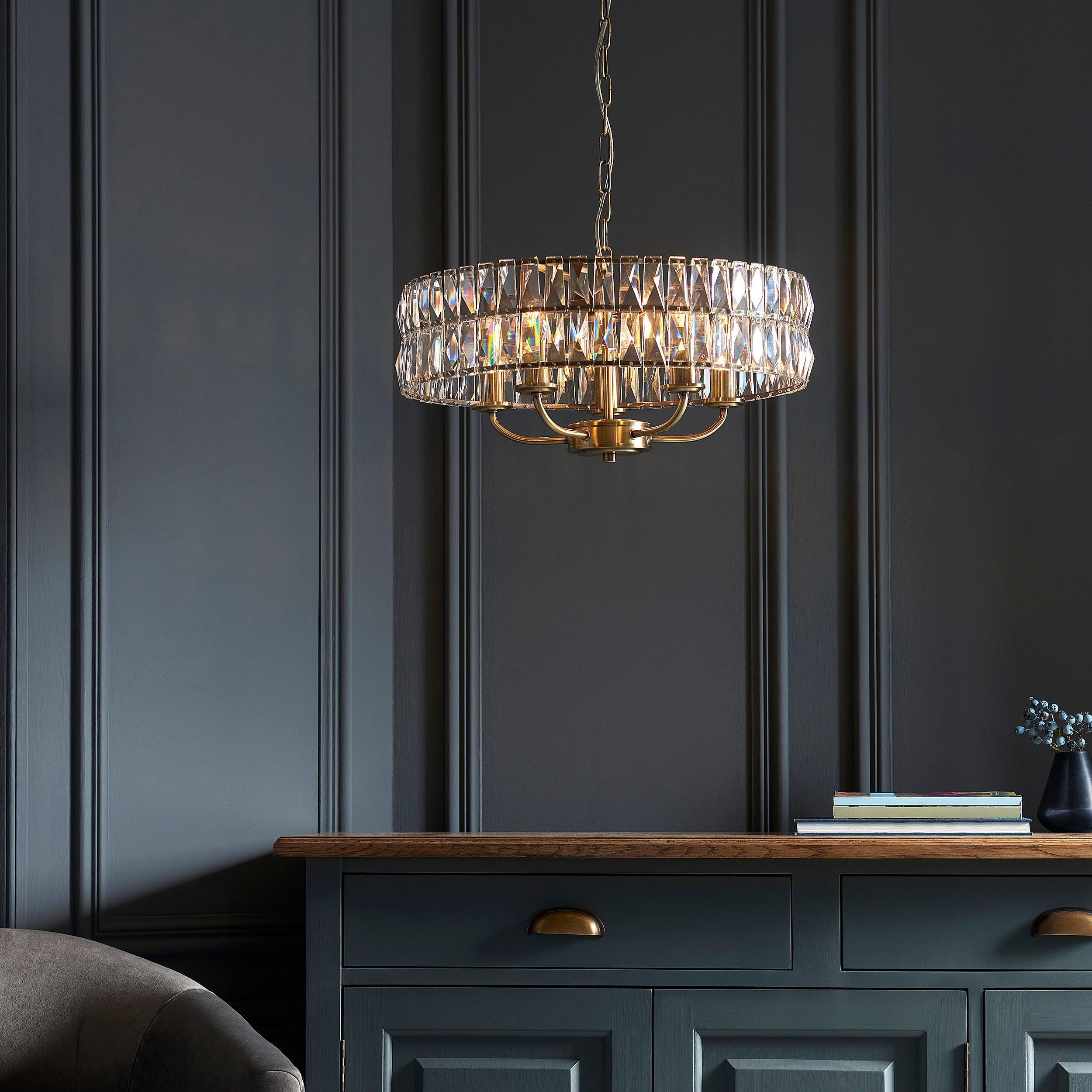 Clifton 5-Light Brass & Clear Cut Glass Pendant Chandelier - Elegant Dining Room Lighting Fixture for Kitchen Island or Entryway
