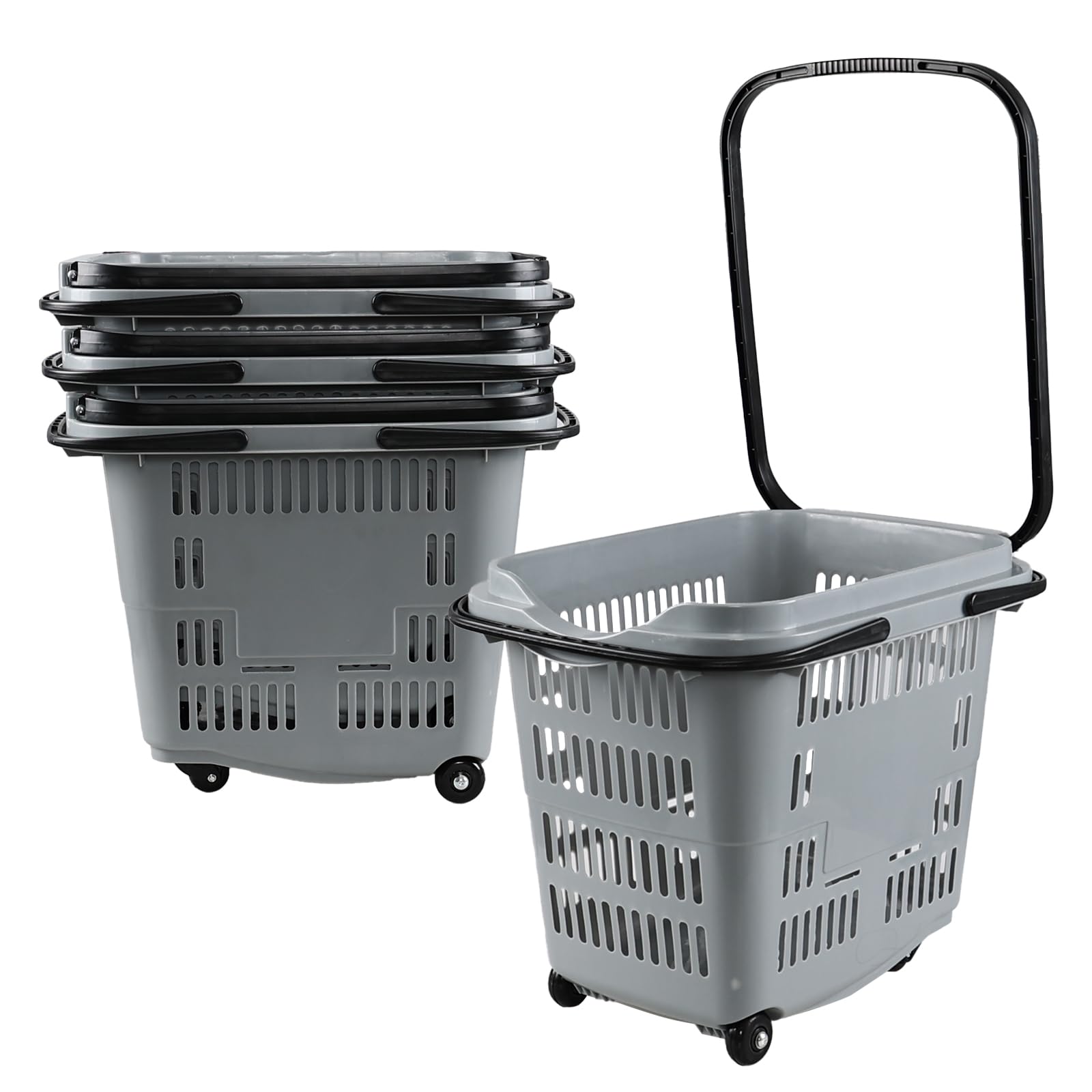 4 Pack Rolling Basket Set with Wheels - Plastic Shopping Carts with Handle for Grocery, Supermarket & Retail - Portable Utility Cart for Bookstores, Gardens & Home Organization (Ideal for Shopping, Storage & Moving Items)