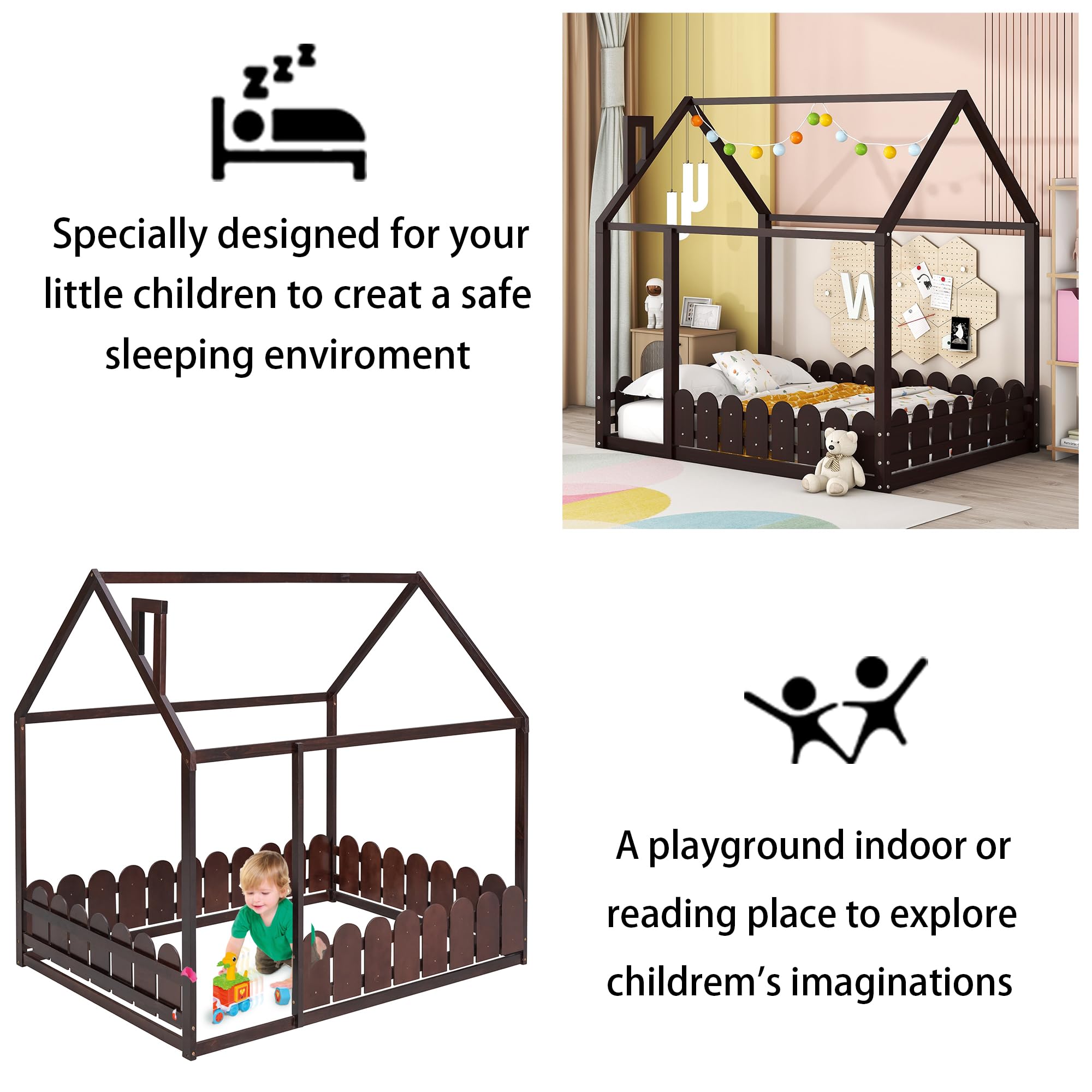 Harper & Bright Designs Full Size House Bed for Kids - Montessori Floor Bed with Safety Guardrails, Solid Wood Frame for Boys & Girls (Full, Espresso) - Perfect for Montessori Bedrooms, Playrooms & Safe Toddler Sleep